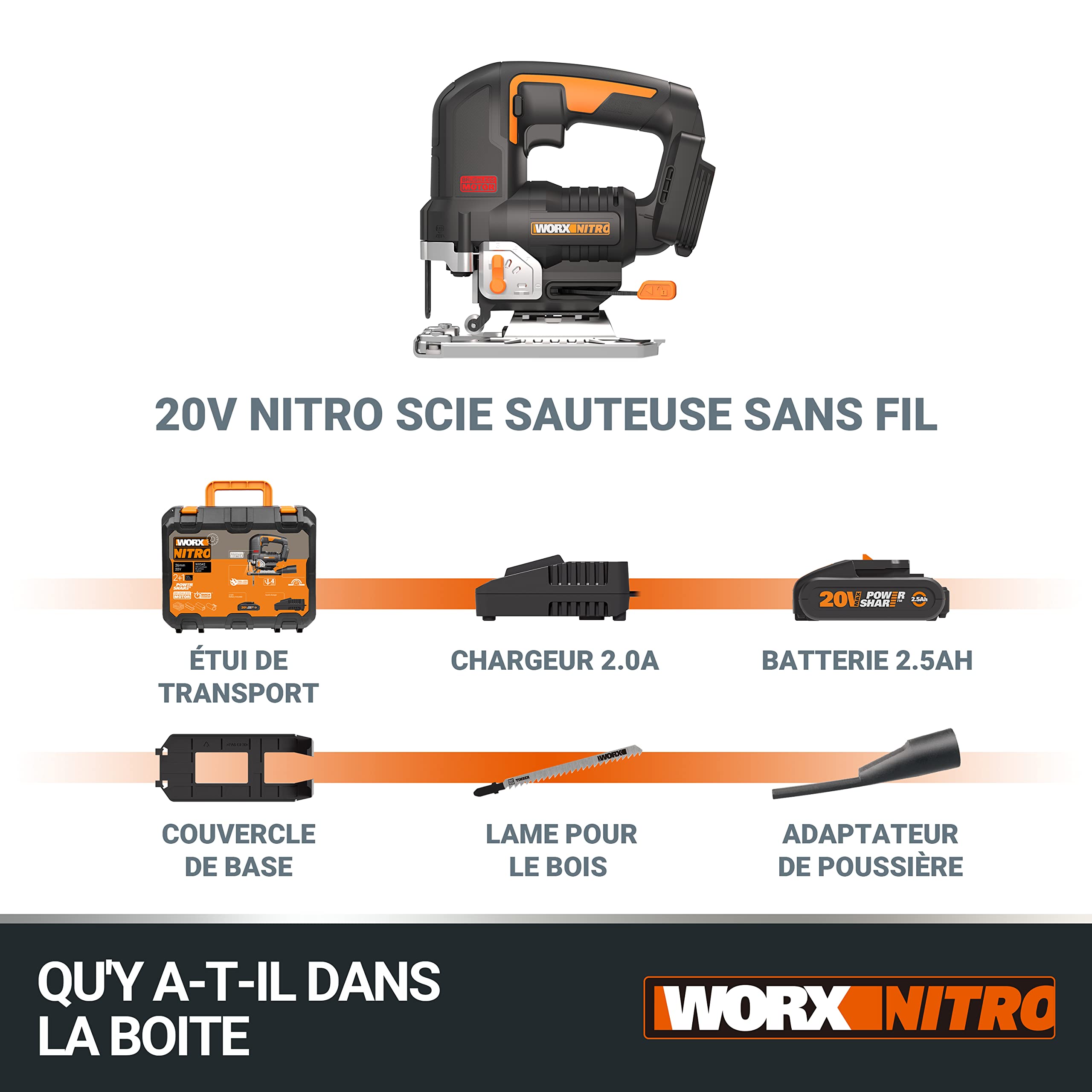 WORX Scie Sauteuse sans Fil 20V WX542, Course de 29mm, Jusqu'à 120mm, Moteur Brushless, Multimatériaux, Vitesse Variable, Système pendulaire, Avec 1 Batterie 2,5Ah et Chargeur