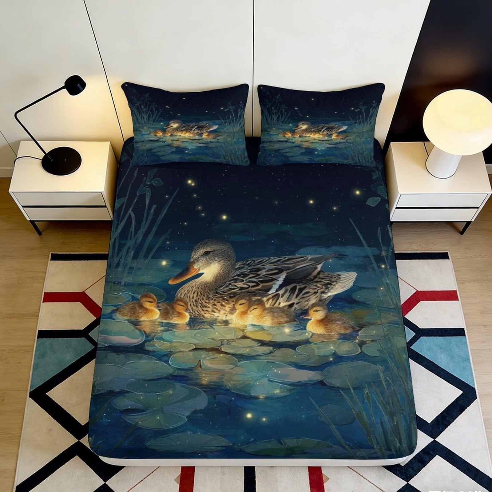 3D Printed Waterfowl Lake Fitted Sheet Microfiber Soft Duck Reflection Bed Cover for Bedroom Guest Room Decor Protection 90x200x25cm