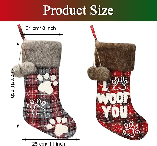 Miniatura 3 de Skylety 2 calcetines de Navidad para perros de 20 pulgadas, calcetines de Navidad a cuadros de búfalo de felpa, calcetines colgantes de Navidad con