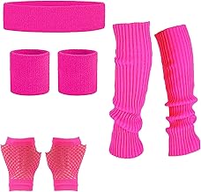 4PCS Leg Warmers Fishnet Gloves Headband Wristbands Neon Set, 80s Women Fancy Dress Costume Accessories, 1980s Retro Theme Party Costumes