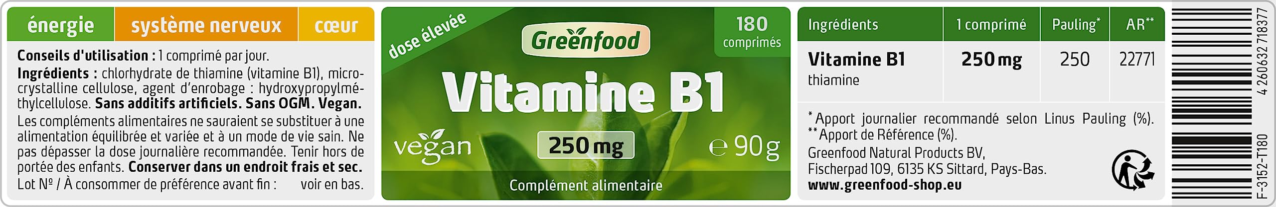 Greenfood Vitamine B1, 250 mg, dose élevée, 180 comprimés - pour des fonctions psychologiques normales, un métabolisme énergétique normal. SANS additifs artificiels. Sans génie génétique. Vegan.