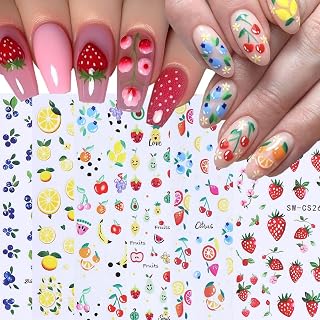 6 Pcs Fruits Nail Stickers for Nail Art Summer, 3D Self-Adhesive Nail Decals with Strawberry Cherry Pattern, Nail Supplies Nail Art Design Accessories for Women and Girls Manicure DIY Decoration