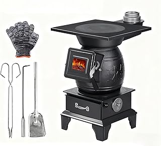 Indoor Wood-Burning Stove with Cast Iron Build, Compact Heating Unit for Cabins & Tents, Portable Cookstove and Furnace Basic Set 14.5" L × 14.5" W × 22.4" H (37×37×57 cm)