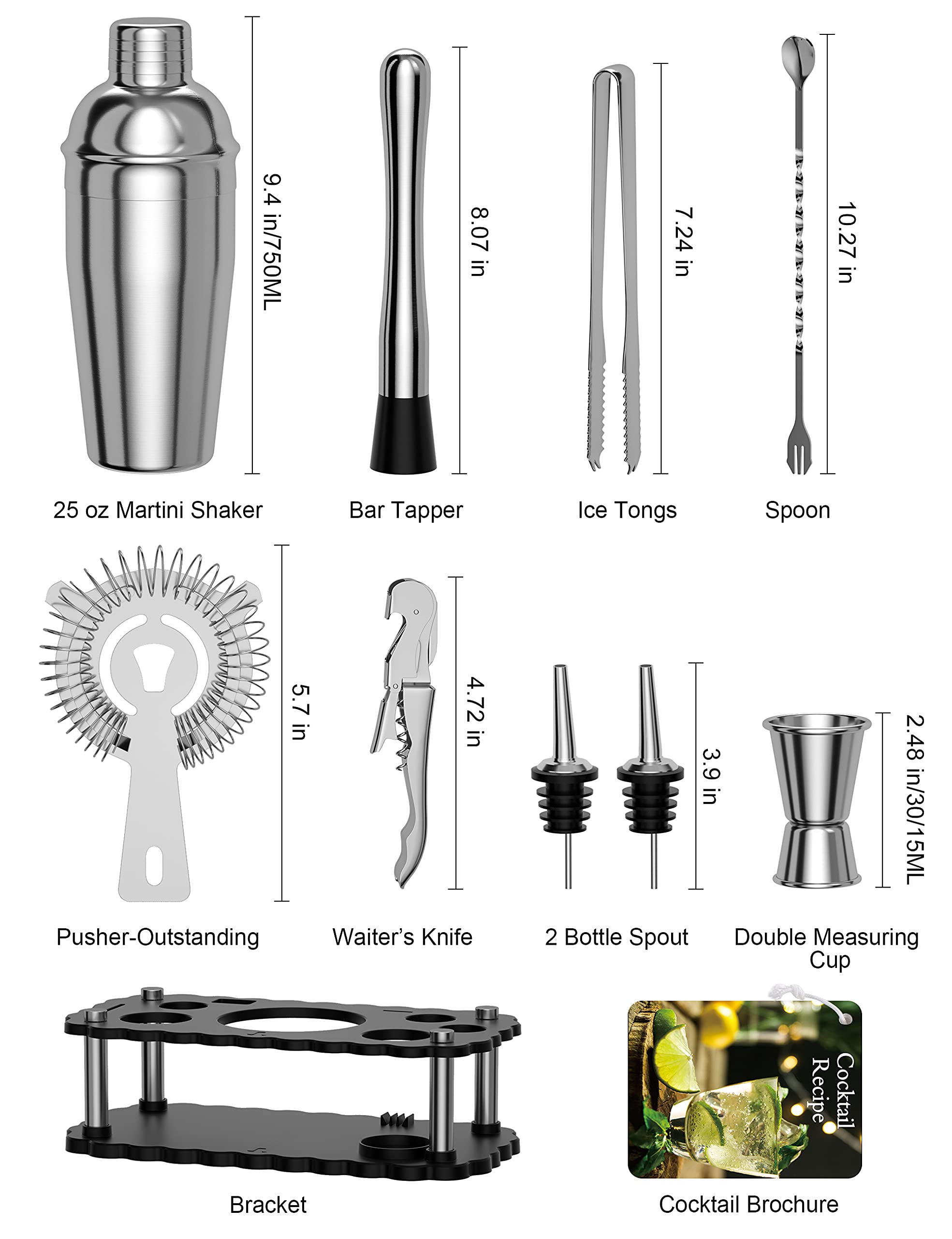 Bartender Kit – Set da 11 pezzi per cocktail con supporto – Set di strumenti da barra: 708,7 g Martini Shaker, Jigger, Muddler, Pinze per ghiaccio, colino, versatori di liquori, cucchiaio,