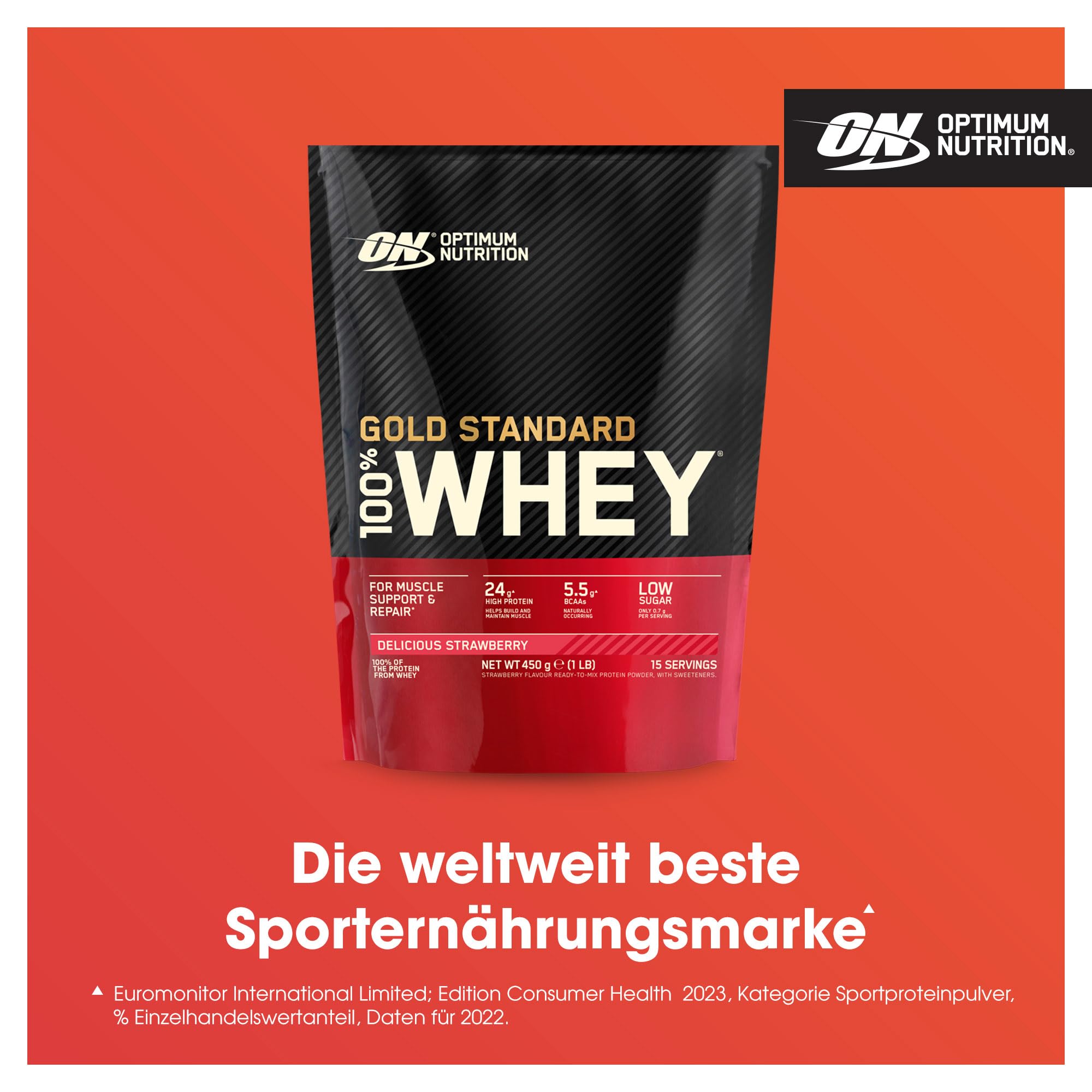 Optimum Nutrition Gold Standard 100% Whey, Proteinpulver, Geschmack Delicious Strawberry, 450g, 15 Portionen