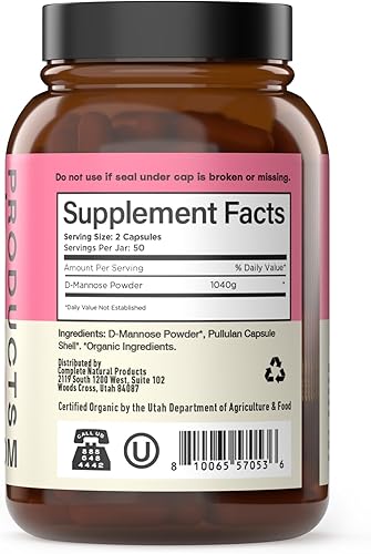 Miniatura 3 de Complete Natural Products Cápsulas Orgánicas de D-Manosa - Píldoras Puras de D-Manosa 100 Unidades para ITU, Vejiga y Salud del Tracto Urinario