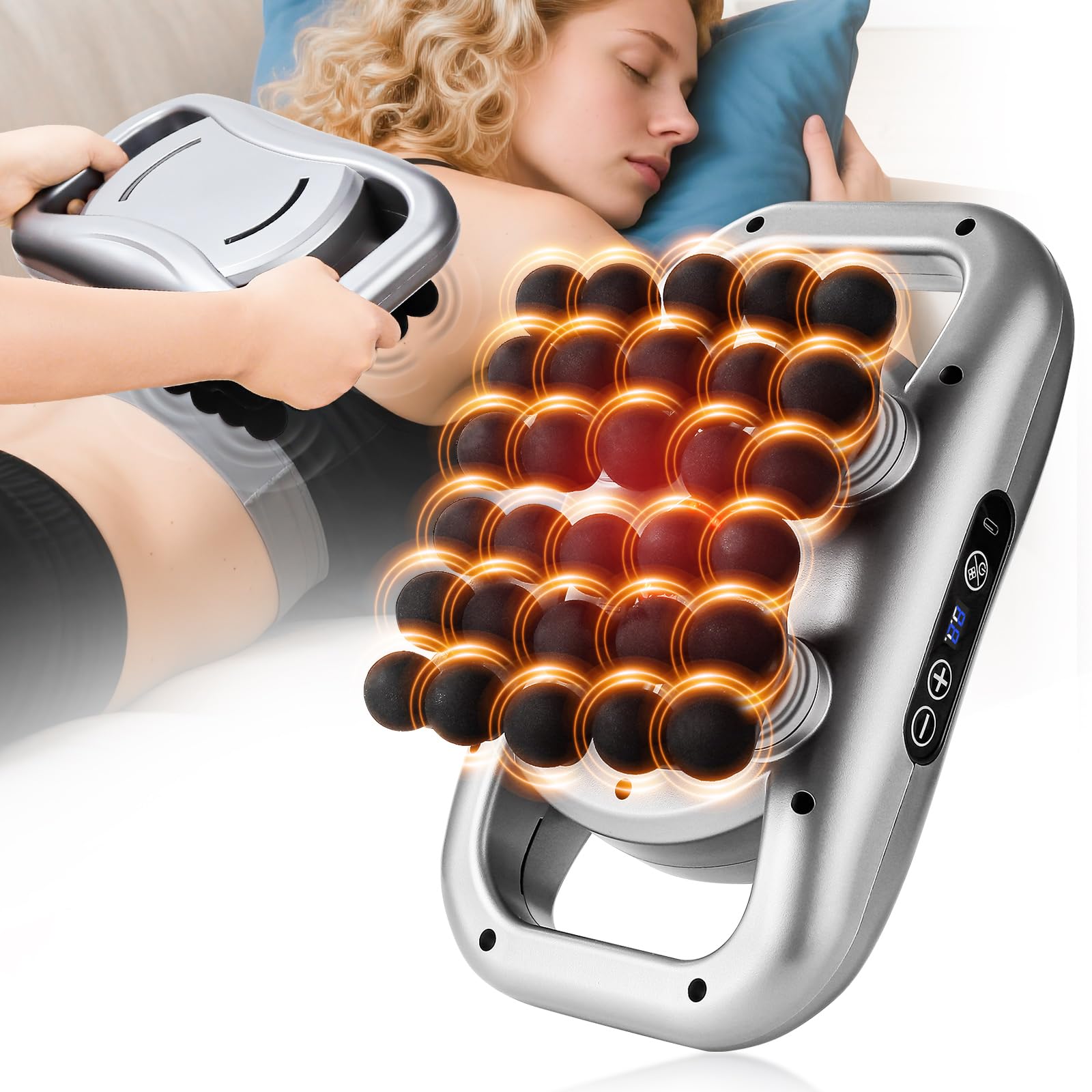 Pistola de masaje recargable con 30 cabezales, 9 modos y 9 niveles, pantalla LCD, portátil para aliviar el dolor de cuello, espalda, hombros y piernas.