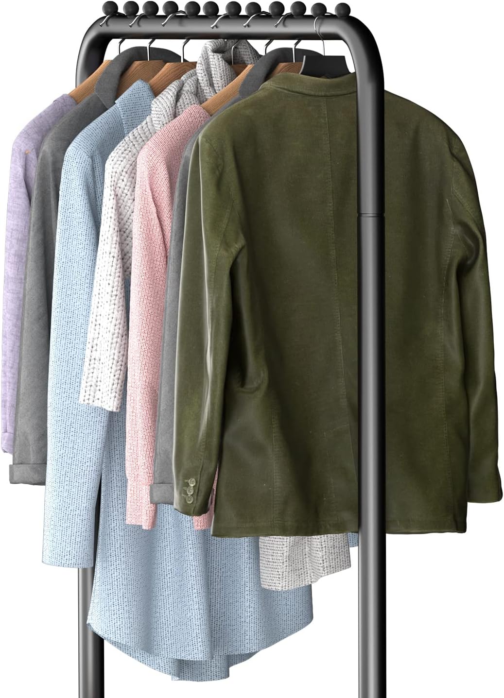 Close-up view of clothes hanging on the LOEFME rack, showing the stoppers on the rail.