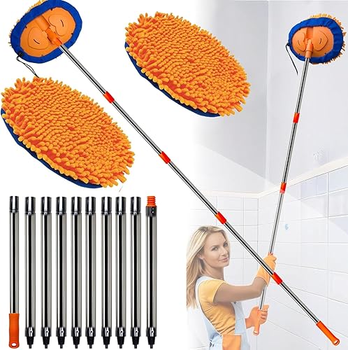 Plumero de pared de alto alcance de 20 pies Cabezal de limpieza de microfibra de chenilla con poste de extensión de instalación libre de 3 a 14