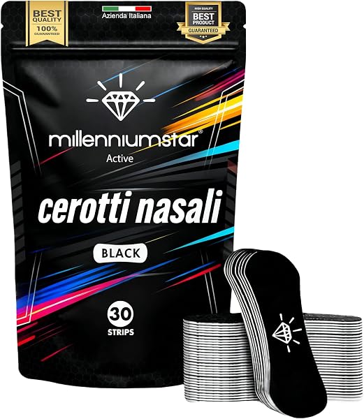 Millennium Star Active 30 Cerotti Nasali, ideali per non russare, ottimi per lo sport, tenuta extra, migliore qualità del sonno, migliori prestazioni sportive tecnologia superskill (Nero stondato) - 1