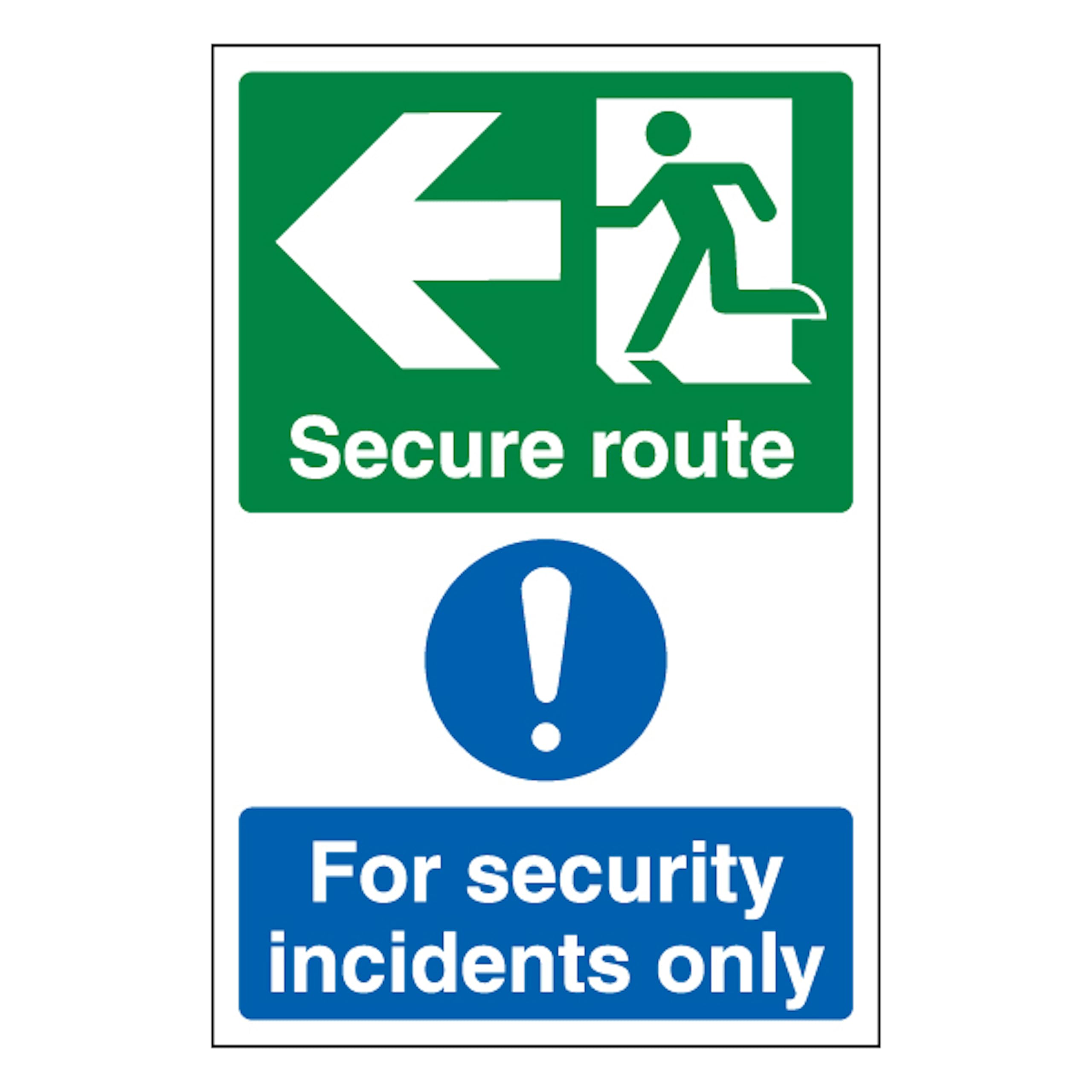 V Safety Secure Route Arrow Left/Security Incidents Only - Portrait 200 x 300 mm - 2mm Super-Tough Rigid Plastic Safety Sign
