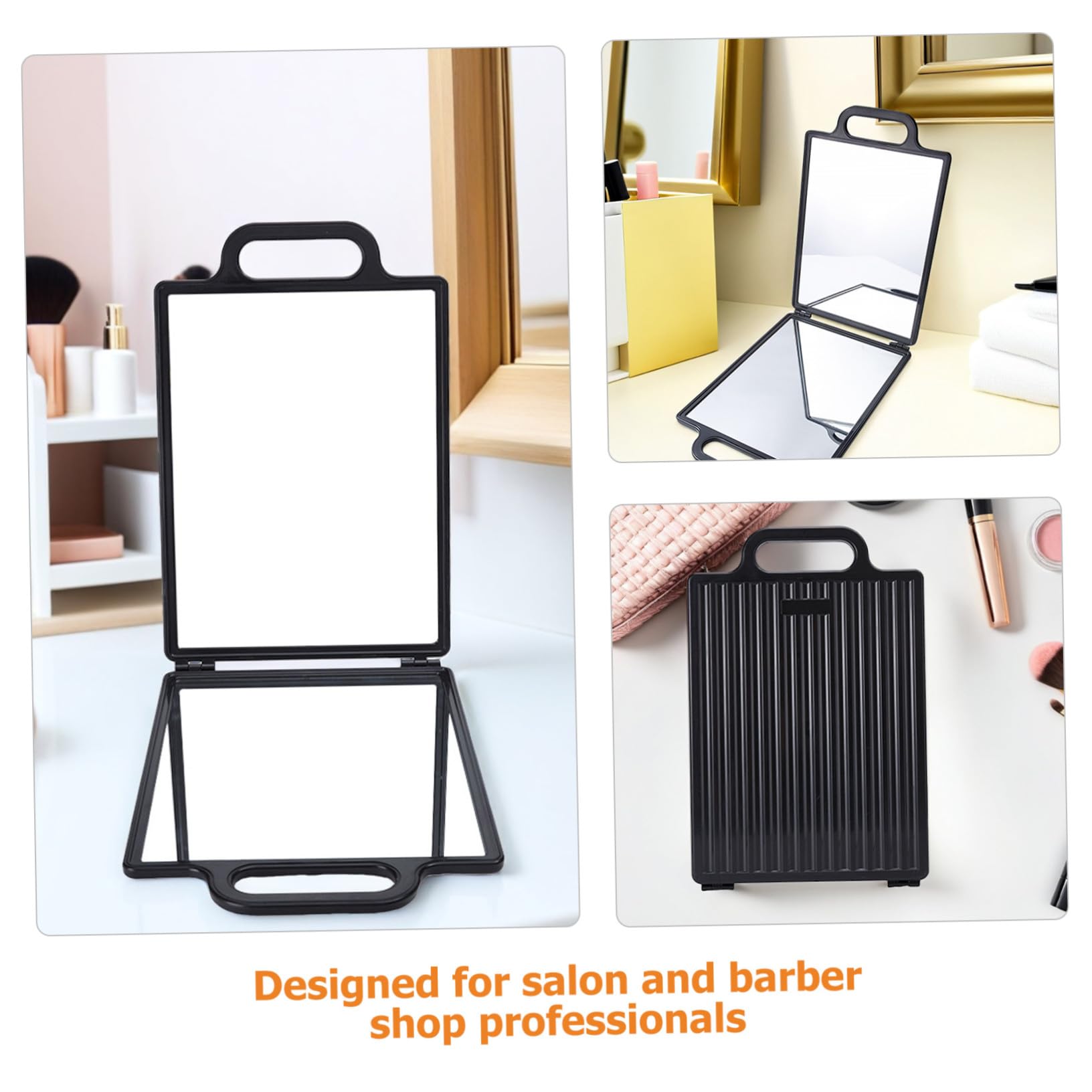 ABOOFAN Friseursalonspiegel Zufälliger Stil aus Glas und Kunststoff Doppelseitiger Klappbarer Ergonomisch Geformt Schwarz für Haarschnitt und Styling im Salon