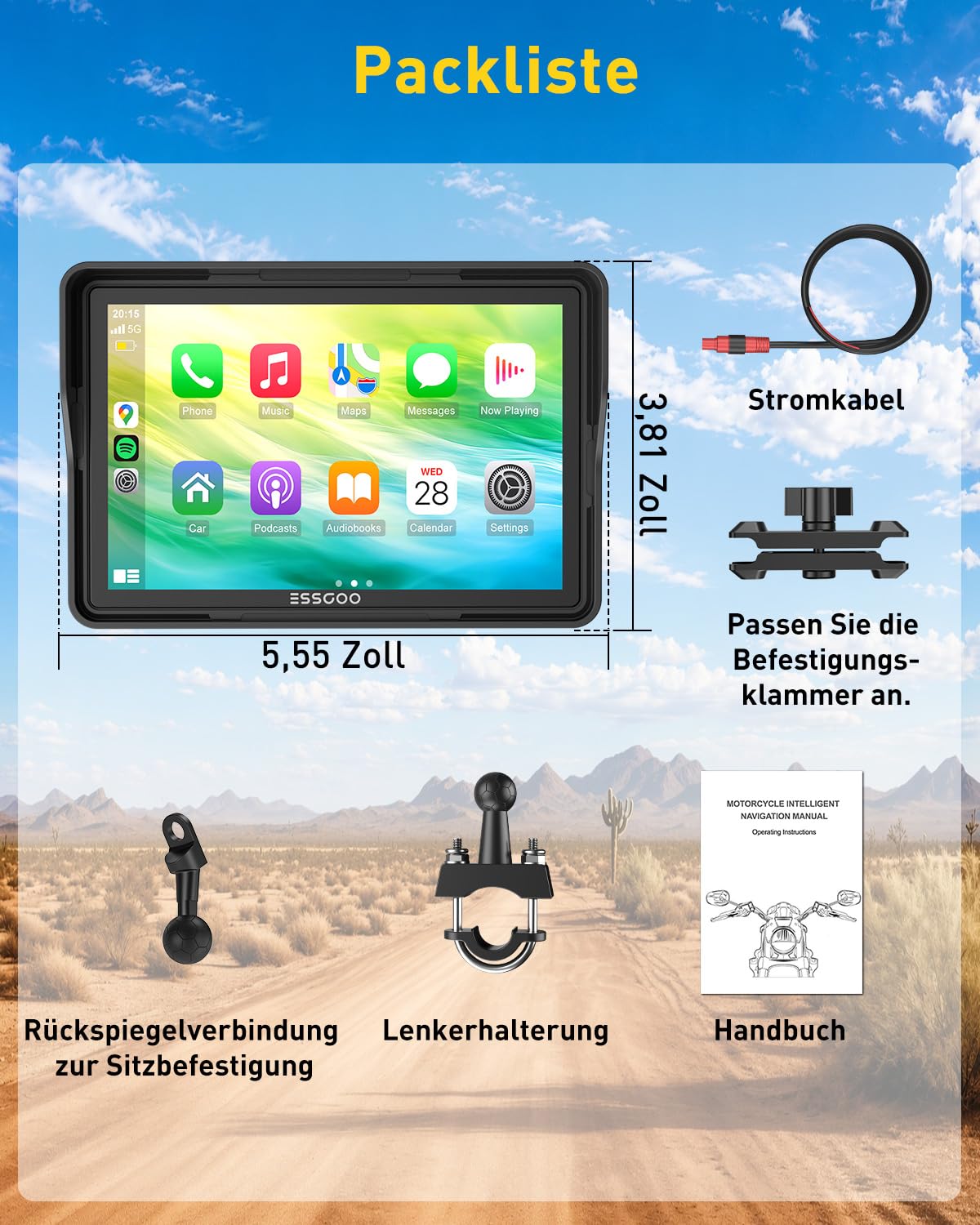 ESSGOO 5 Zoll Motorrad Carplay Display,Kabelloses Motorrad Navigationsgerät mit Apple CarPlay & Android Auto,IP67 Wasserdicht,Dual Bluetooth 5.3,GPS Navigation,Sprachassistent,Acc Stromversorgung