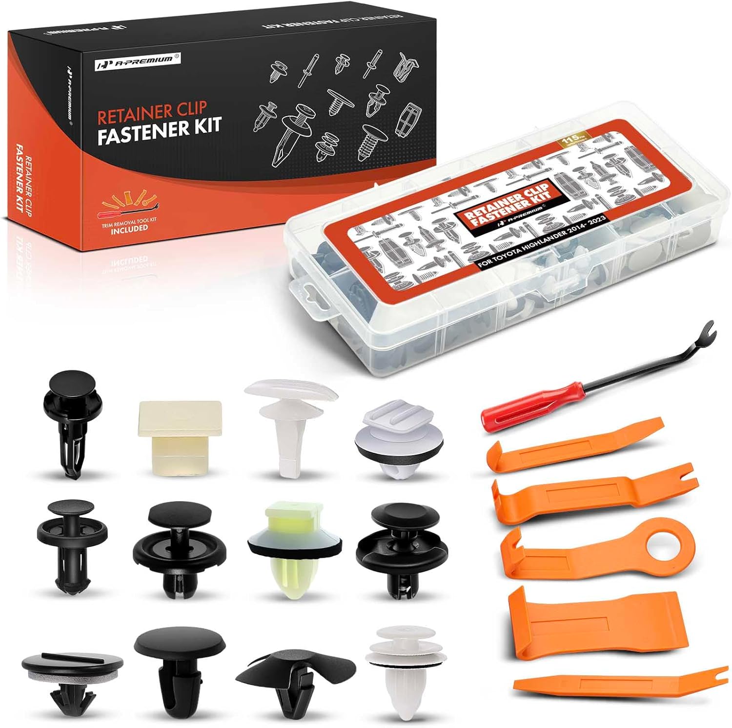 A-Premium 115PCS (25.12 oz/12 Sizes) Bumper Retainer Clips w/Removal Tool Compatible with Toyota Highlander 2014-2023 Fender Fasteners Assortment Weatherstrip Hood Clips Door Trim Push Pin Rivets