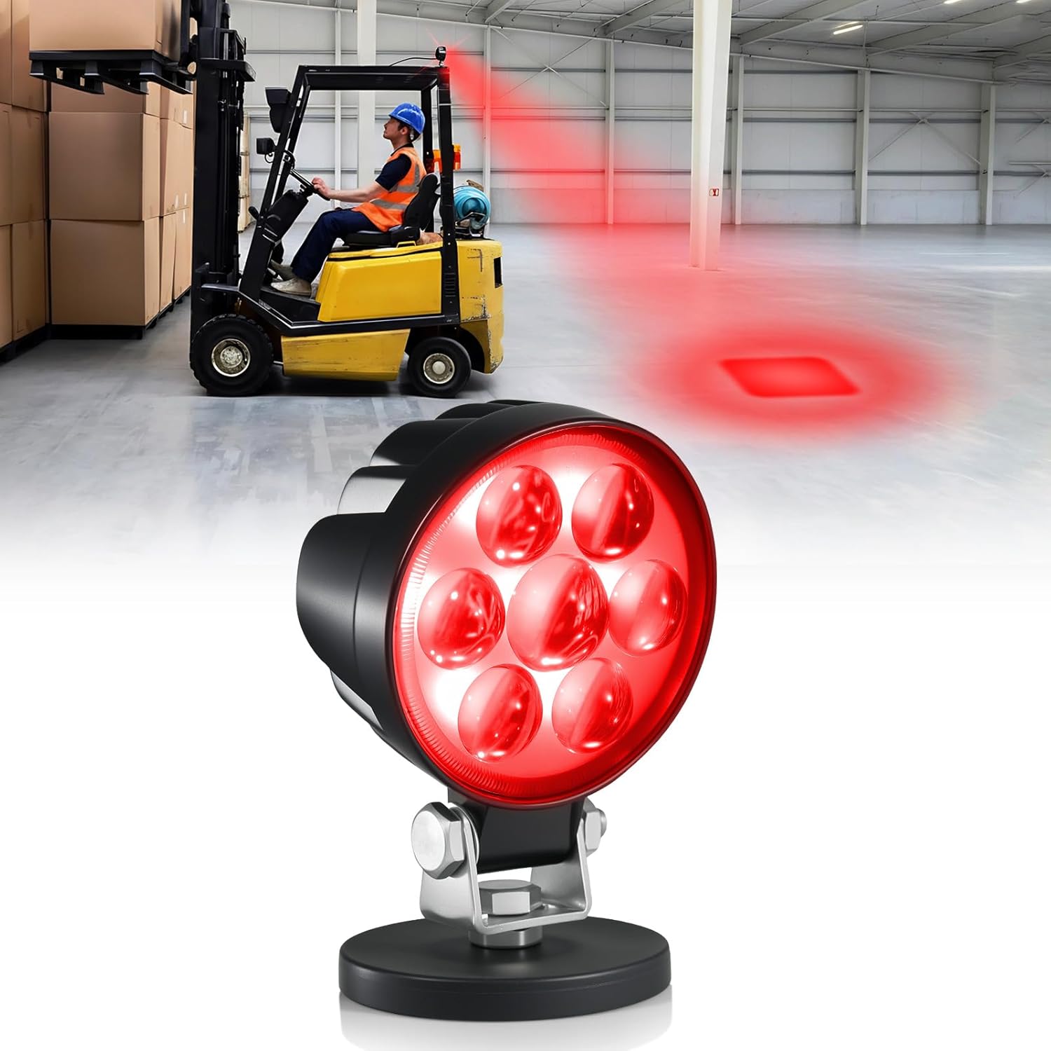 LED Forklift Safety Light Red Spot Light with Magnetic Mount, DC10–80V Wide Voltage, IP68 Waterproof, Aluminum Housing, Compact Easy‑Mount Warning for Forklift/AGV Warehouse Safety