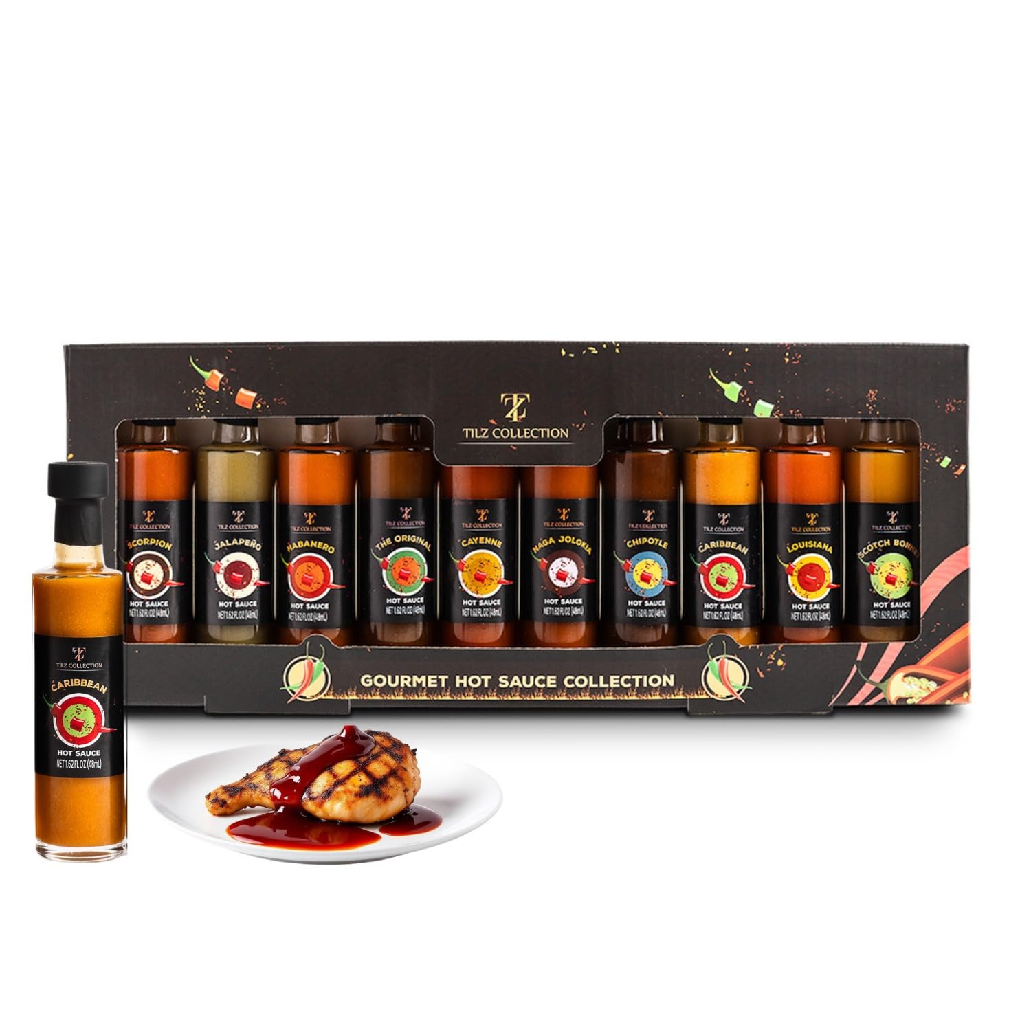Chilli, Hot Sauce Gift Set -10 Hot Sauce Bottles, Food Gift Sets For Men, Women, Vegan |Cooking Gifts For Men, Birthday Presents |Gourmet Chilli, BBQ Sauce, Wings, Scorpion, Jalapeno, Habanero Pepper