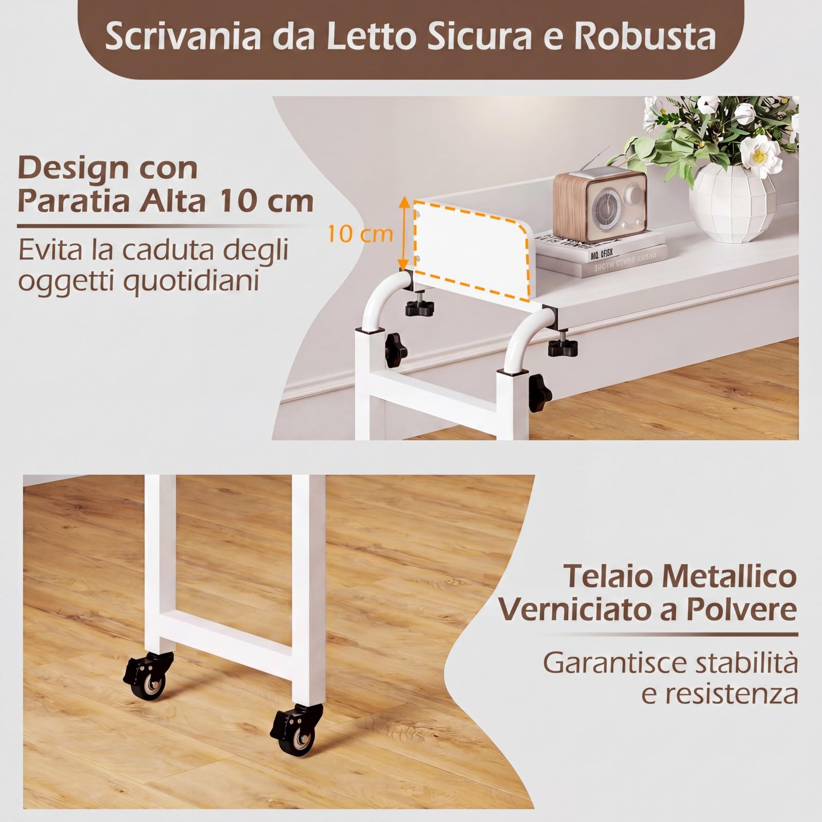 COSTWAY Scrivania da Letto con Ruote, Tavolino da Letto Salvaspazio con Altezza e Lunghezza Regolabili, Telaio in Metallo, Scrivania Portatile per Camera da Letto, Soggiorno e Ospedale (Bianco)