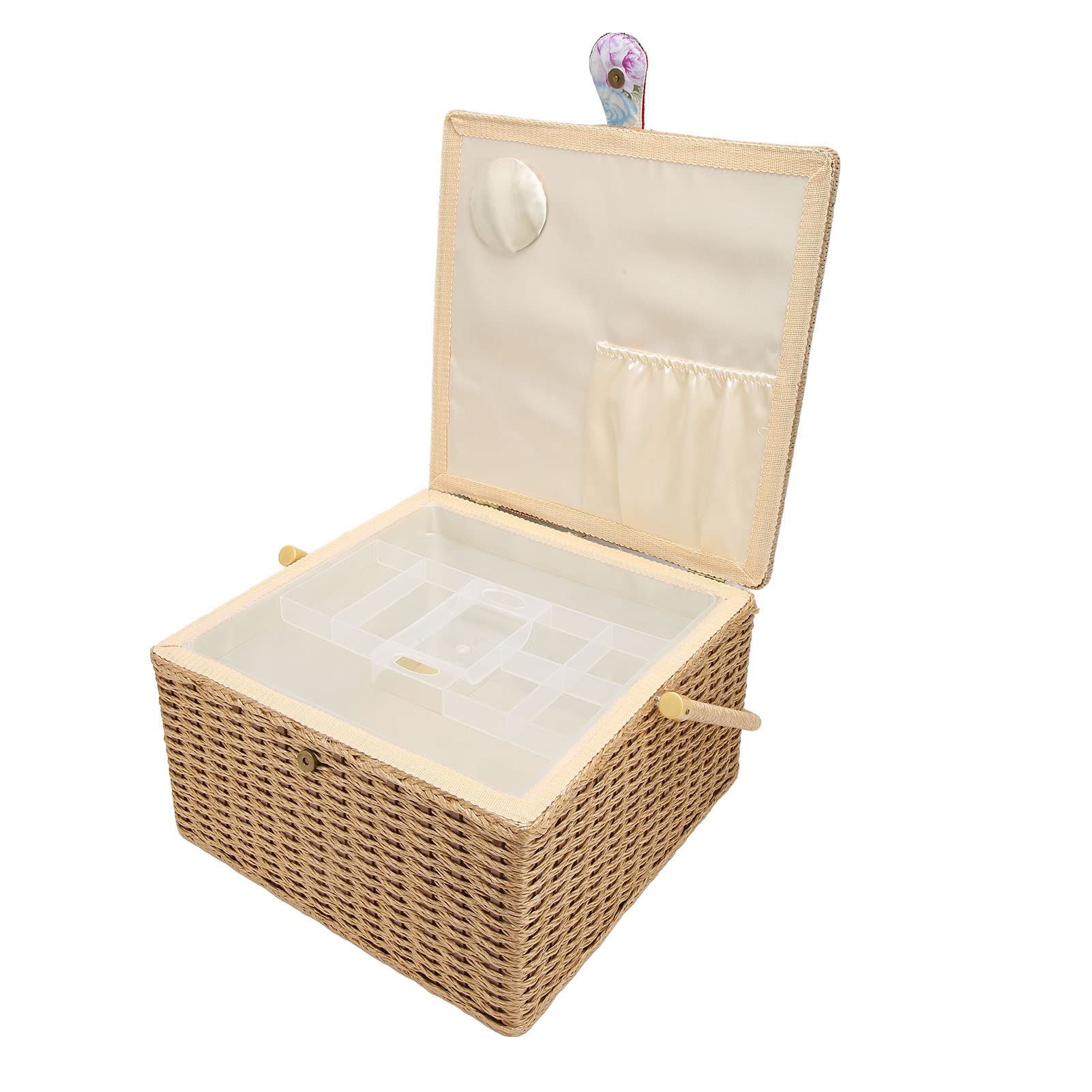 VBESTLIFE Sewing Basket, Large Capacity Sewing Storage Box with Removable Tray, Lightweight Portable Craft Organizer for Supplies, Wood and Cloth Construction, Women