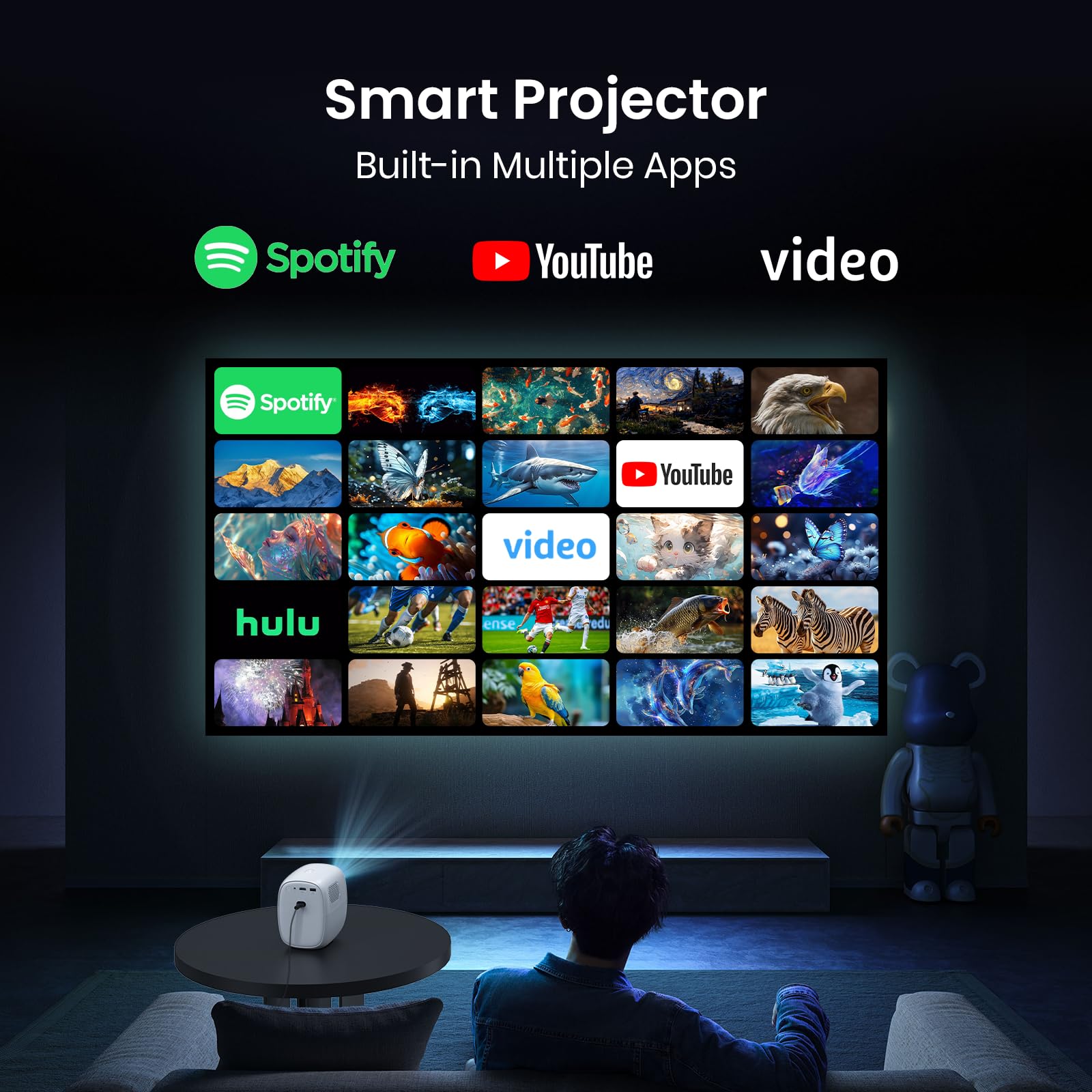 Proiettore 4K Lower Noise con Wi-Fi e BT5.2, accesso a app con un clic e audio 3D | Sistema operativo TV integrato, correzione automatica dell'immagine, HDR10, FHD nativo 1080p, ideale per home theater, bianco