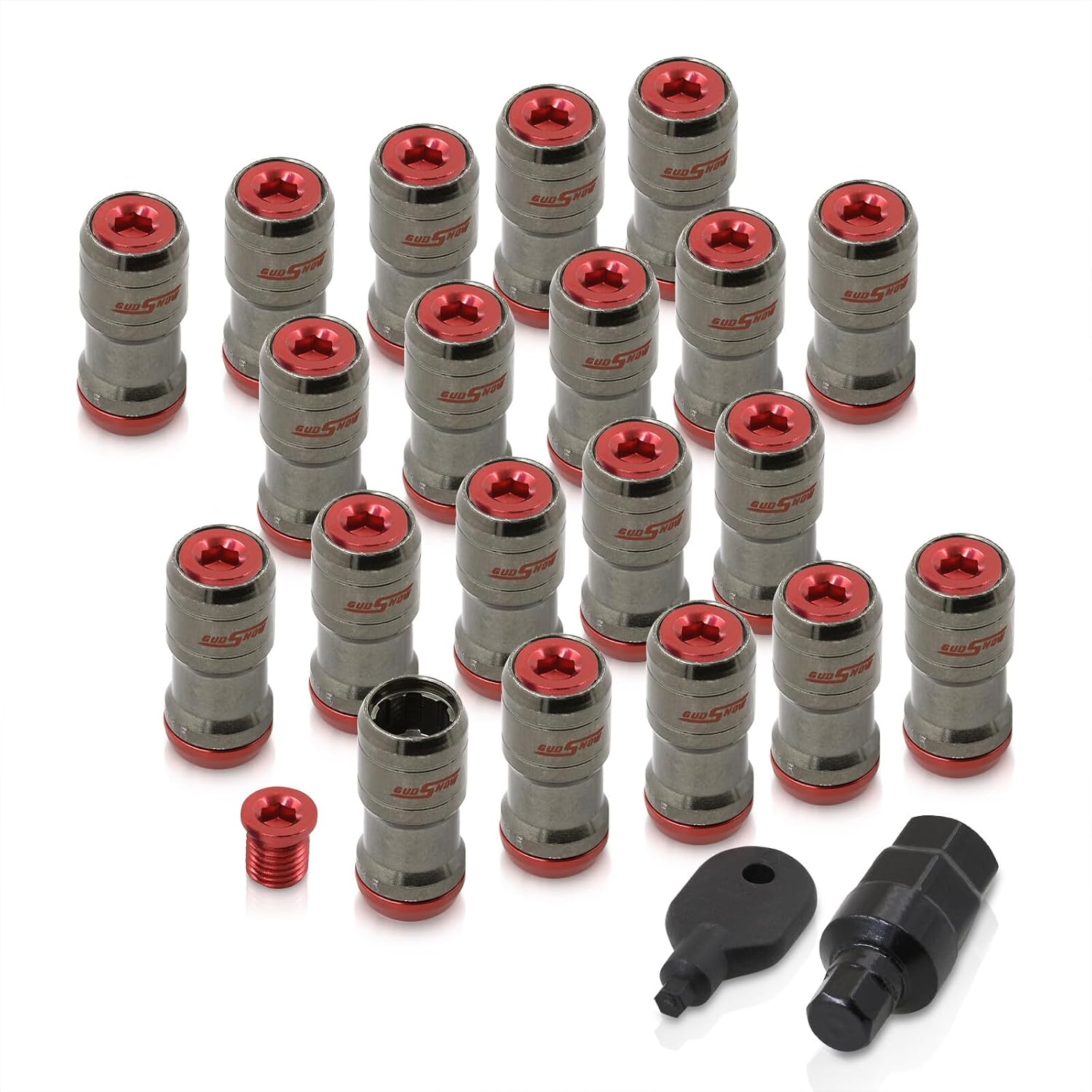 AJP Distributors 20 Piece Universal M12x1.25 Open or Closed End Steel Lug Nuts, 20pc M12 x 1.25MM Lug Nut Set + Locking Adapter Key Socket Wheels Rims JDM VIP Kit Gunmetal Body Red Cap