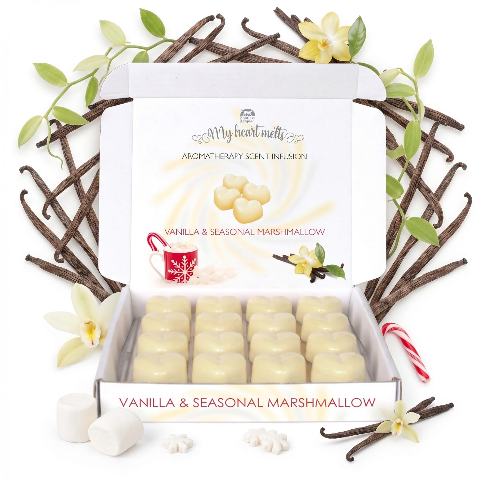 Spotless Leopard Off White Vanilla & Seasonal Marshmallow Wax Melts: 16 X 6G Heart Shaped Aromatherapy Scent Infusion In A White Gift Box, Pet Friendly, Cruelty Free, Candle Alternative By