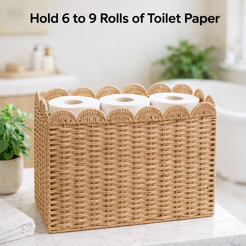 Toilet Paper Wicker Rattan Storage Basket with Handles, Paper rope Slim Toilet Paper Holder with Lid- Holds Up to 9 Mega Rolls (Khaki-Paper Rope&Rectangle)