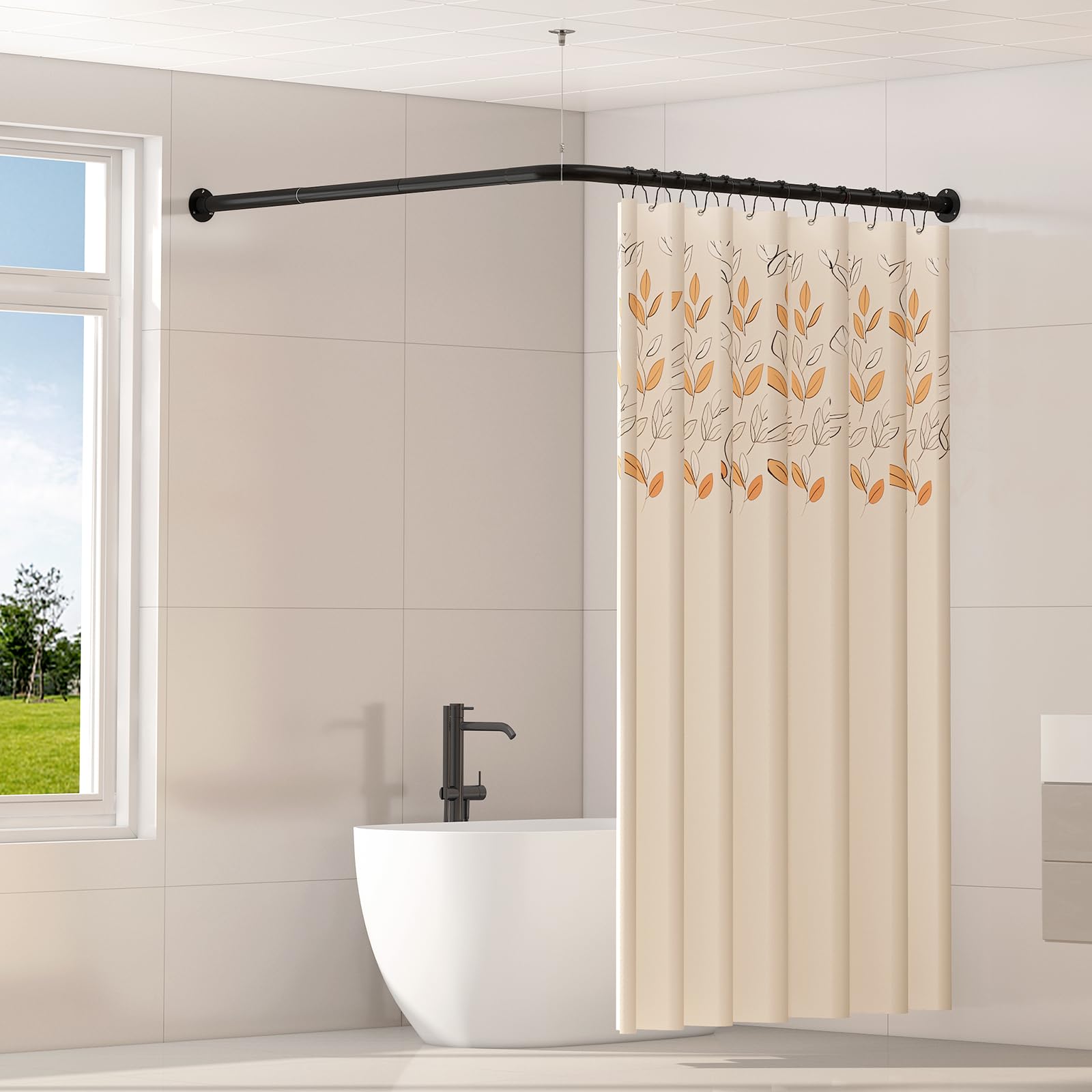 Crkmire Asta per tenda da doccia angolare, nichel spazzolato [61-134,6 cm] x [61-134,6 cm] asta doccia regolabile a forma di L, asta curva a 90 gradi, asta per tenda da bagno con 12 ganci ad anello e