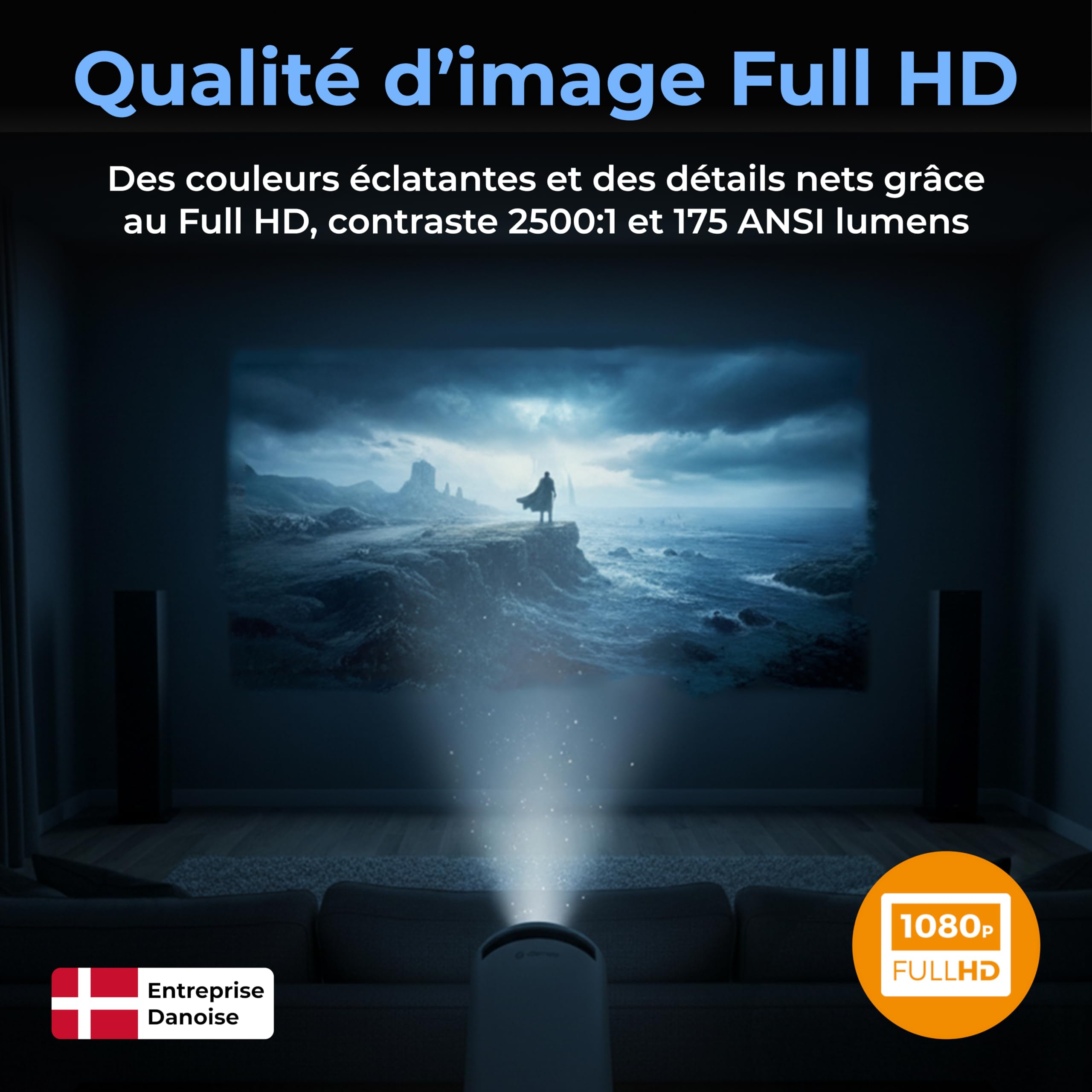 Denver PR-2500 Vidéoprojecteur Full HD 1080p, 175 ANSI lumens, HDMI, USB-A, tête rotative 180°, Projection Jusqu’à 170 Pouces