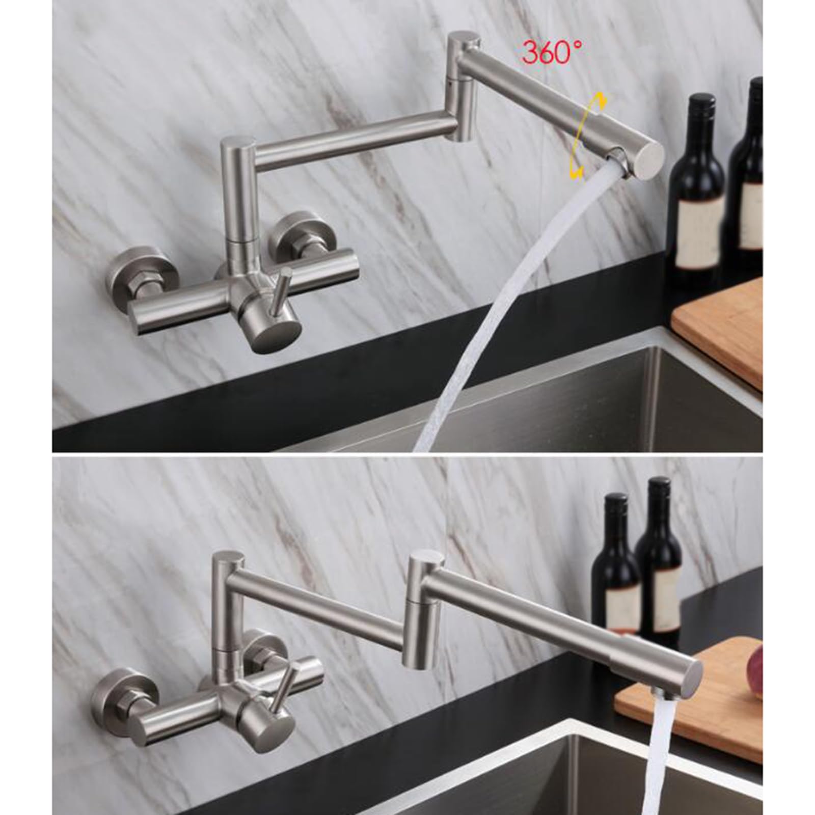 Grifo de Pared Cocina Acero Inoxidable Cepillado Grifo de Cocina Giratorio Plegable Grifo de Fregadero de Cocina-Cepillado