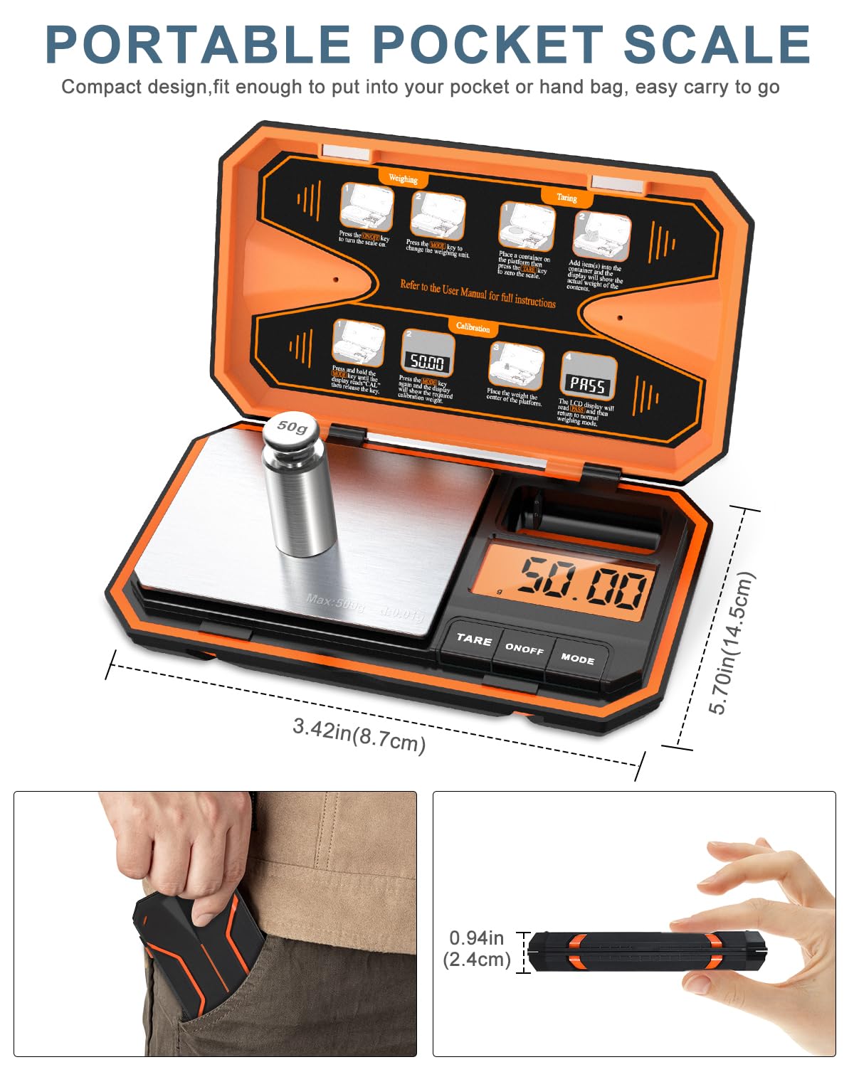 Báscula digital de bolsillo de 500 g, mini báscula digital de gramos con peso de calibración de 50 g