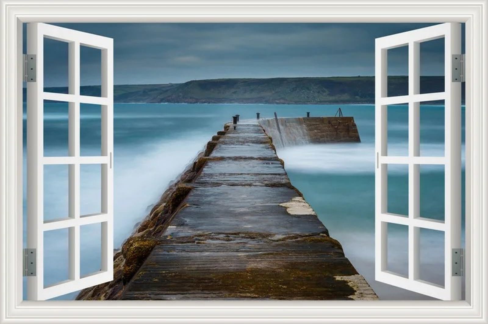 Calcomanías de pared 3D de puente de madera, paisaje de playa, 200 x 150 pulgadas, calcomanías de vinilo para sala de estar, cocina, dormitorio, ventana falsa, decoración de pared