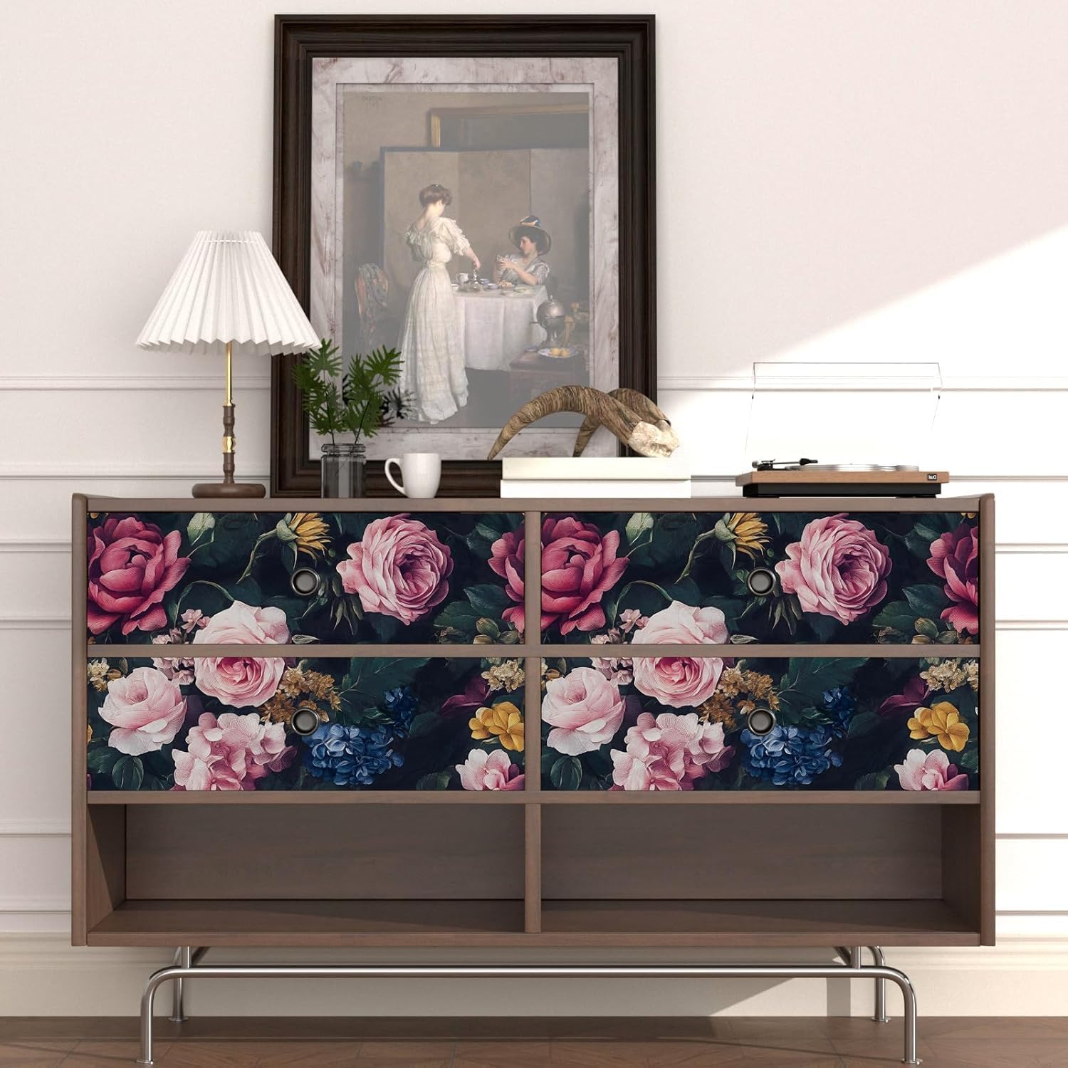 Vintage Floral Peel and Stick Wallpaper for Bathroom Black Pink Flowers Wallpaper 17.5'' x 393'' Colorful Botanical Contact Paper Vinyl Waterproof Self Adhesive for Kitchen Shelves Cabinet Walls Table