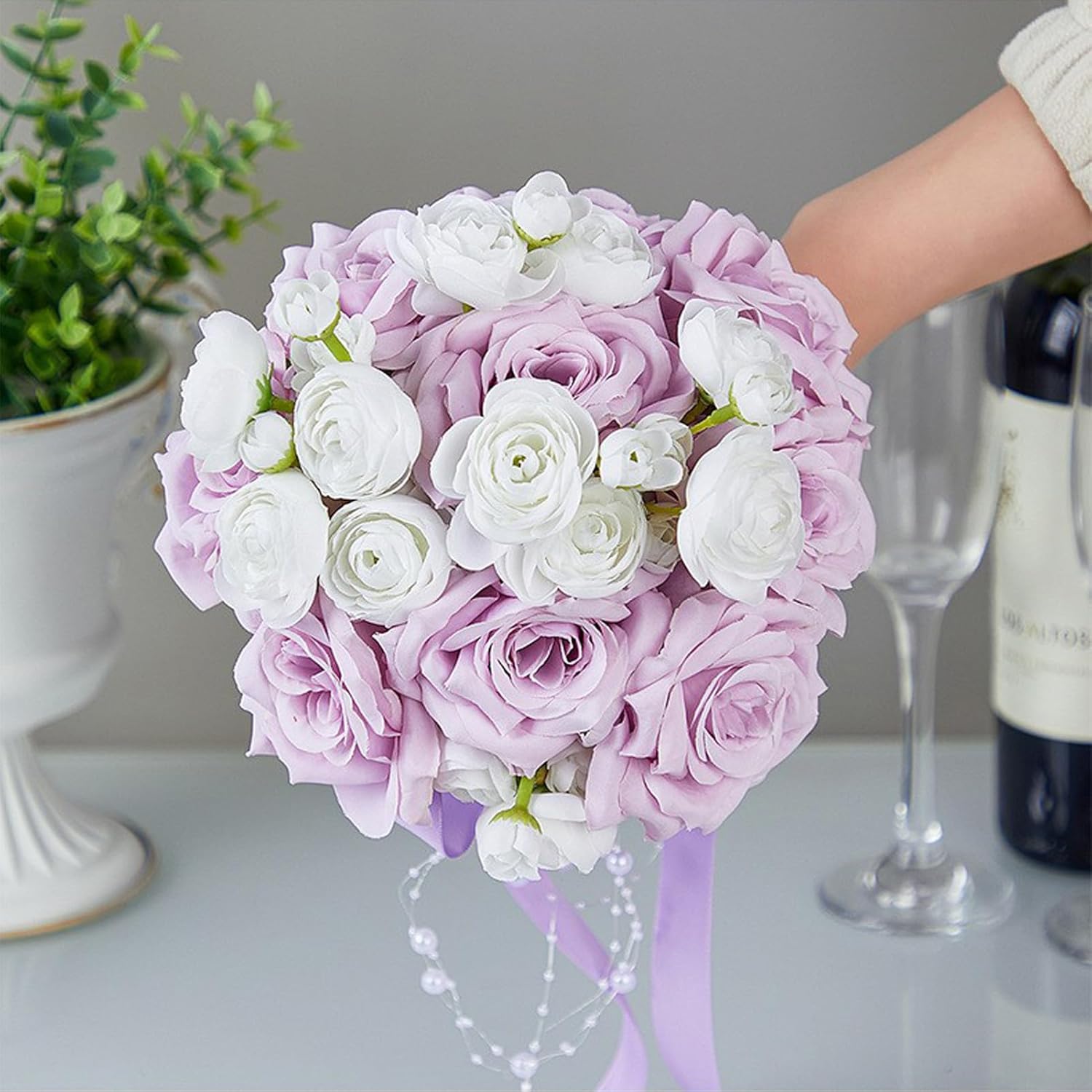 Firlar Wedding Bouquets for Bride, 11.02 Inch Fake Roses Flowers Bridal Bouquet, Artificial Silk Flowers Bridesmaid Bouquet, Artificial Flower Bouquet for Wedding Decor (B)