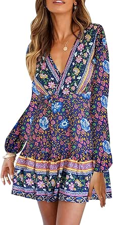Amazon.com: ZESICA Women’s Summer Wrap V Neck Bohemian Floral Print ...