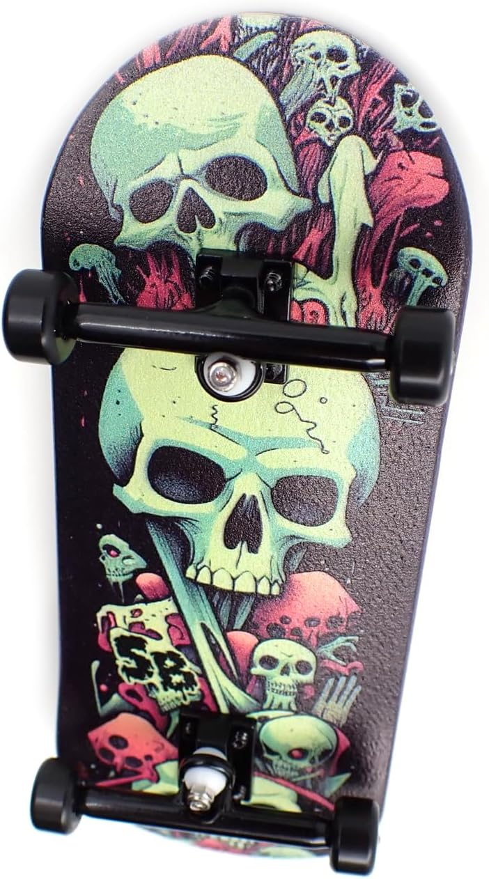 SPITBOARDS® 36 x 96 mm Wood Fingerboard Complete Set-Up, Pre Assembled, 5-Layers Wood, Pro Trucks with Lock Nuts, CNC Bearing Wheels, Real Wear Graphics, Lasered Foam Grip Tape, Slimey Skulls