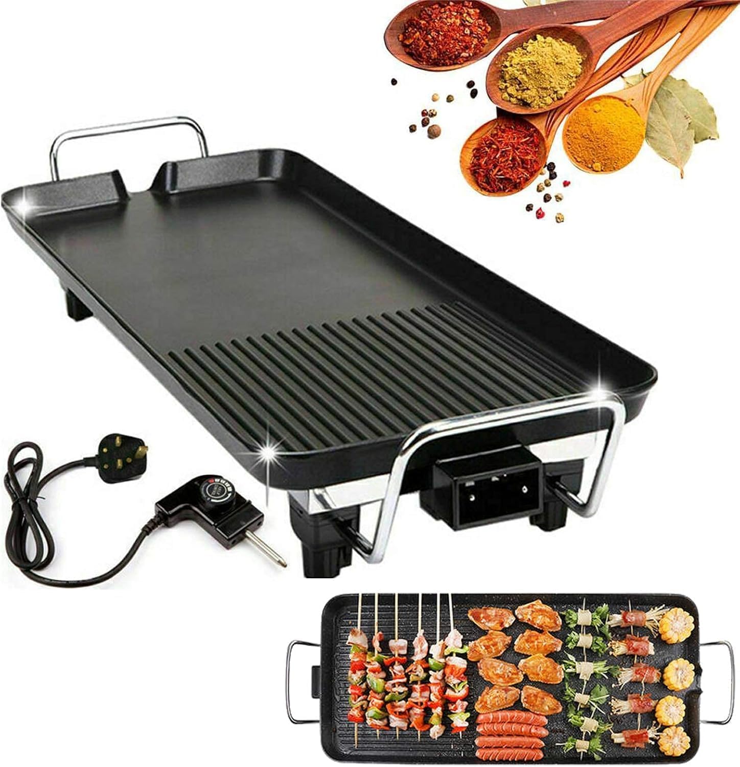 VBM Winning Star Hot Pot Smokeless Non-Stick Electric Grill Adjustable Temperature Stick Plates 1400W BBQ Griddle Teppanyaki Grill Pan for Party Camping Festival Cooking