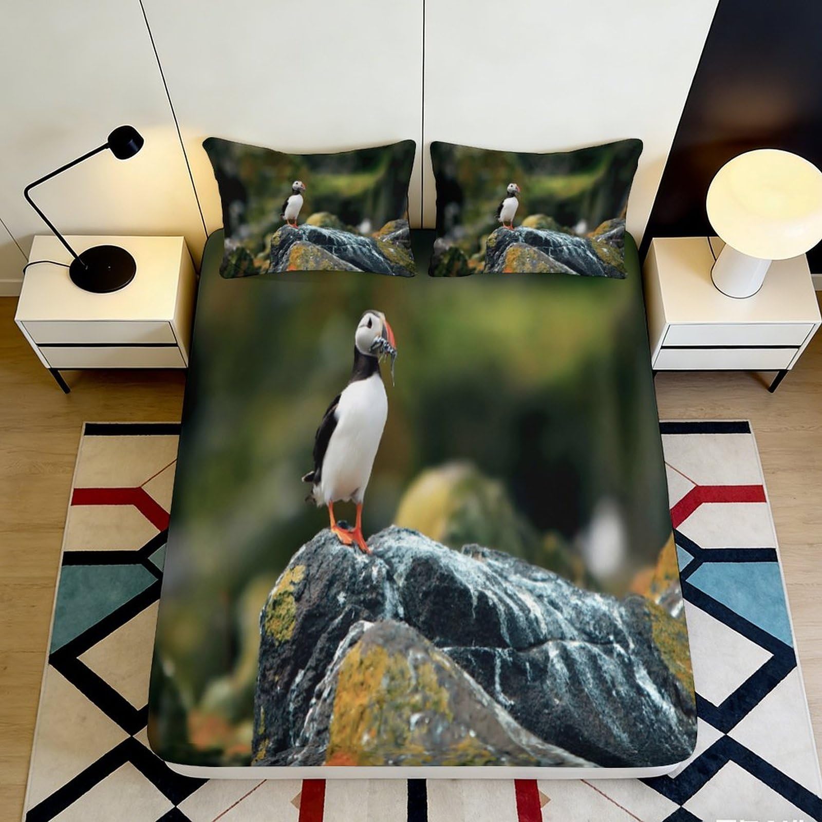 3D Printed Puffin Rock Fitted Sheet Microfiber Soft Breathable Forest Cliff Mattress Cover for Bedroom Guestroom Decor 90x200x25cm