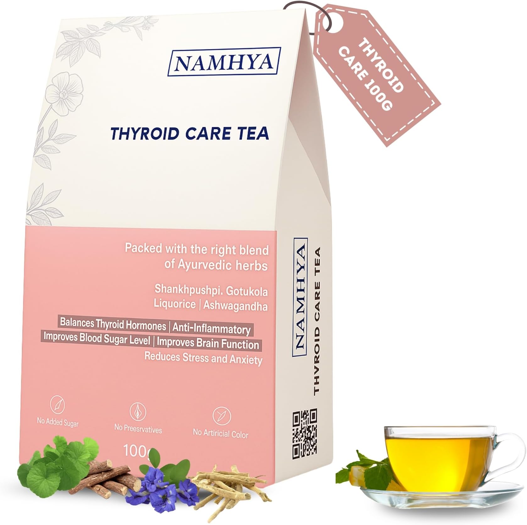 Namhya Thyroid Care Herbal Tea | Herbal Wellness Tea for Thyroid Balance, Stress Relief & Energy | Ashwagandha, Shankhapushpi, Gotu Kola, Liquorice | Natural, No Preservatives | 100g 50 Cups