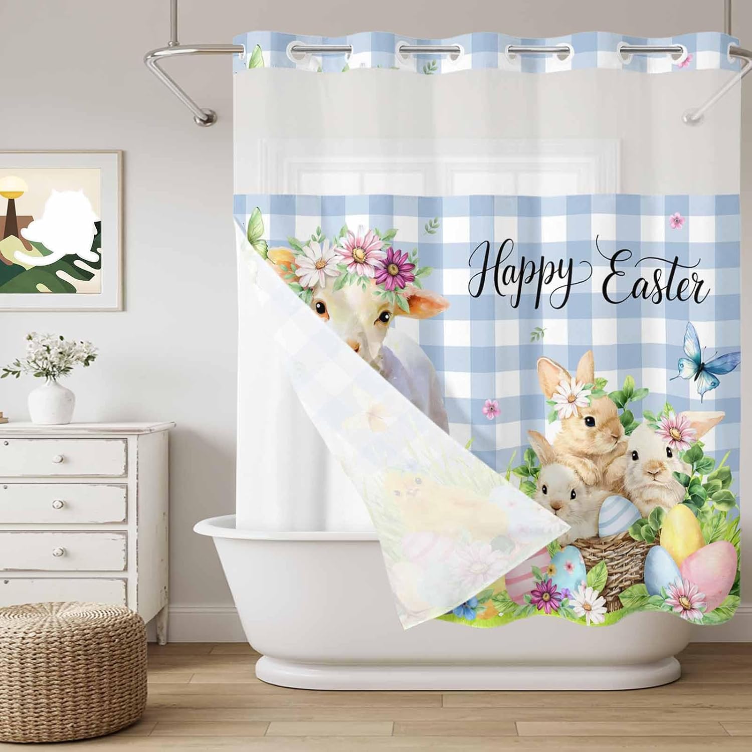 No Hook Shower Curtain and Snap in Liner Set, Easter Fabric Bathroom Shower Curtains 66x72 Inch, See Through Mesh Top Window, Spring Bunny Sheep Floral Eggs Botanical Blue Check Hotel Style