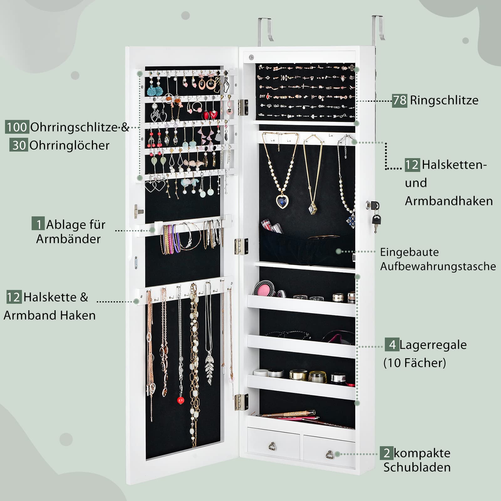 COSTWAY Verspiegelter Schmuckschrank mit 6 LED-Leuchten & 2 Schubladen, Schmuck Hängeschrank abschließbar, Sipegelschrank Schrank Wand- / Türmontage (Weiß)