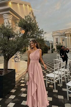 One Shoulder Chiffon Bridesmaid Dresses Long for Women Ruffle A Line Pleated Formal Dresses