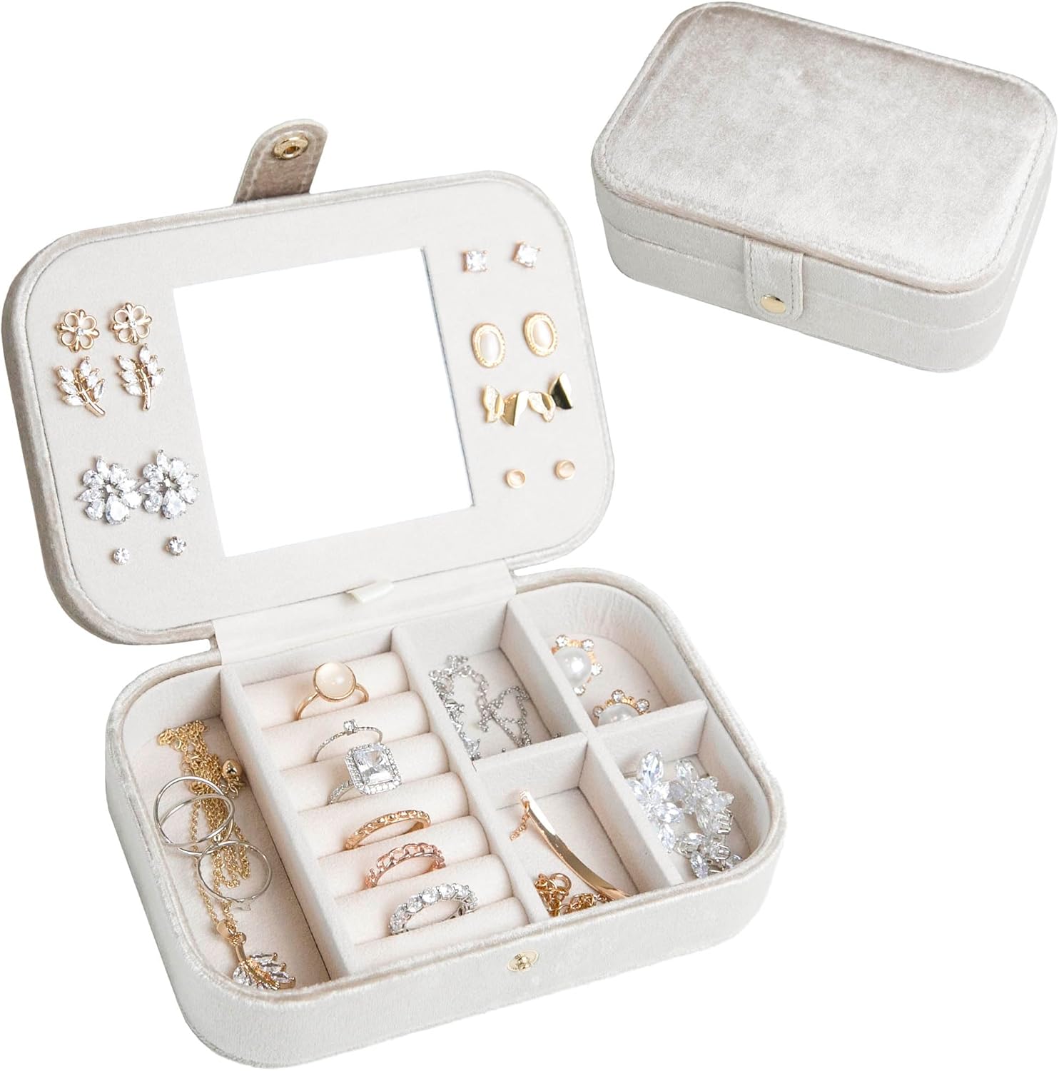 Customizable Velvet Jewelry Box with Mirror and Button Snap, Travel Jewelry Case, Travel Jewelry Organizer, Jewelry Box for Women and Girls, Jewelry Holder Organizer (Center Text, Emerald Green)