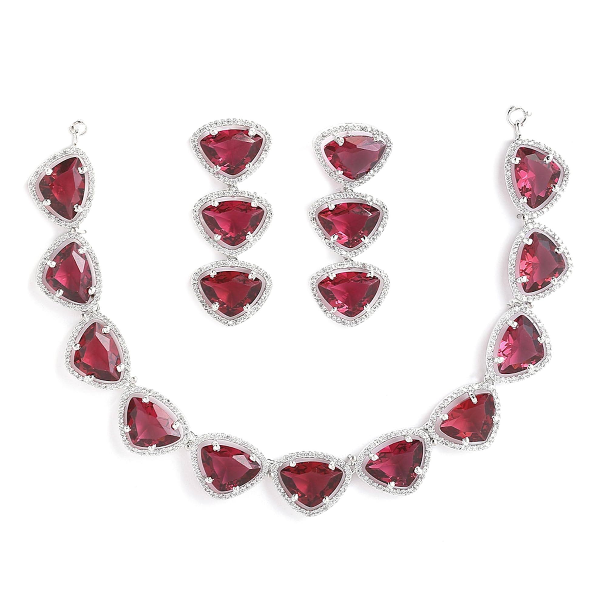 ZENEME Rhodium Plated Silver Toned Triangular Shaped American Diamond Studded Jewellery Set For Women and Girl (Red_Design_01) (B0B3N1XFH8) Amazon Price History, Amazon Price Tracker