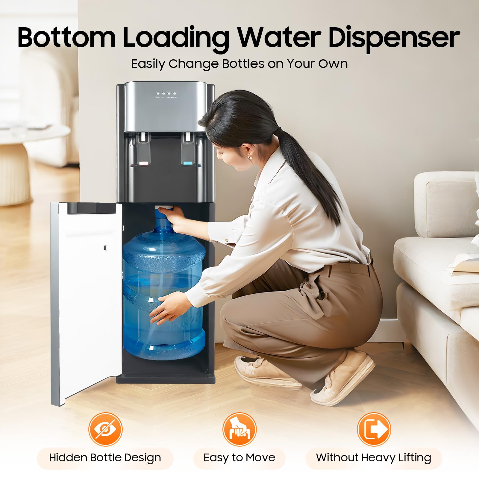Bottom Loading Water Dispenser for 5 Gallon Bottles, Hot & Cold Water Cooler with Stainless Steel Liner, Fast Heating & Cooling, Multiple Security Protections, Ideal for Home or Office (Gray)