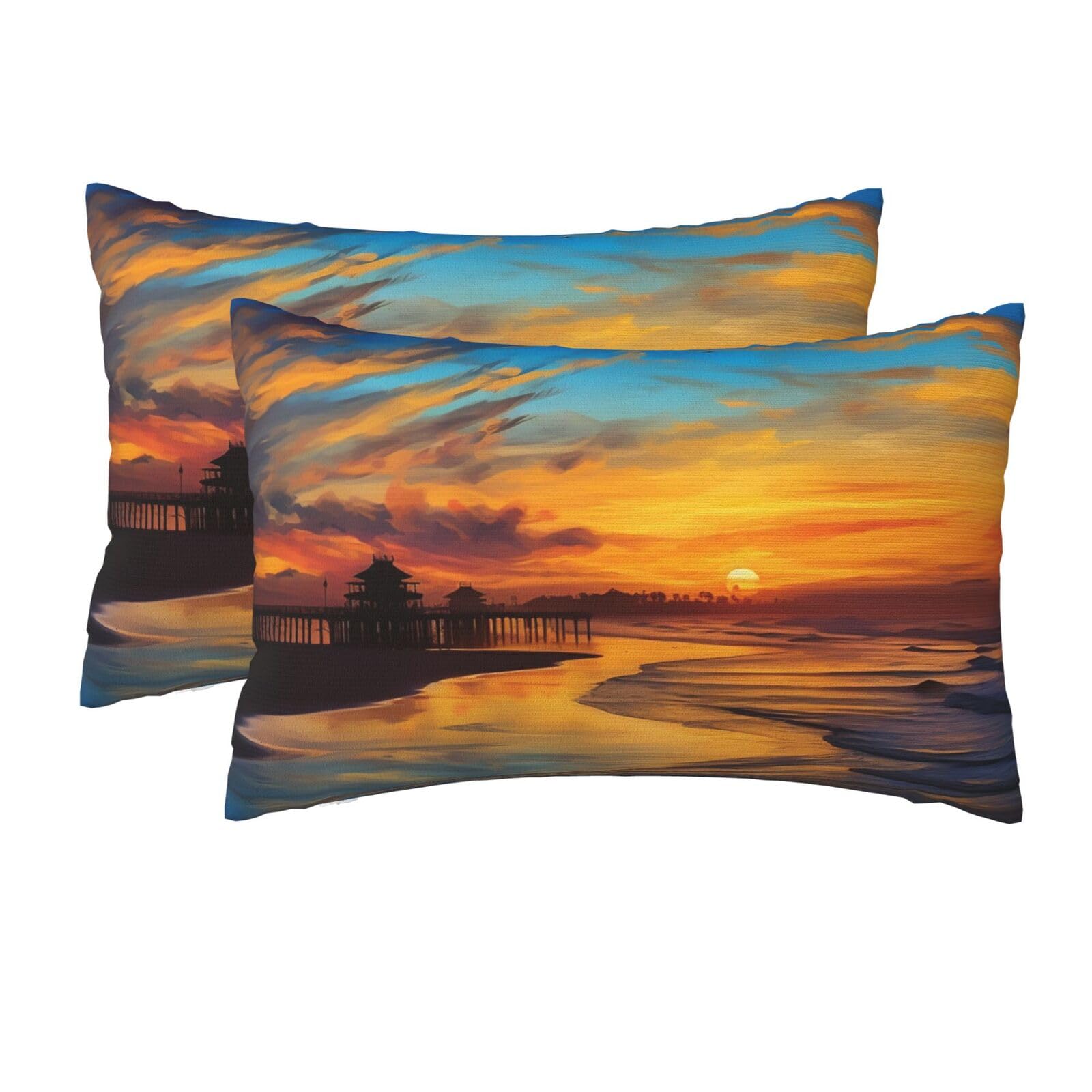 2 Pack Queen Size Pillow Cases for Hair and Skin Soft Breathable Pillow Case Covers with Hidden Zipper Blue Dusk Gold Sunset Pillowcase 20x30 Inches Pillow Cover for Sleeping Gift