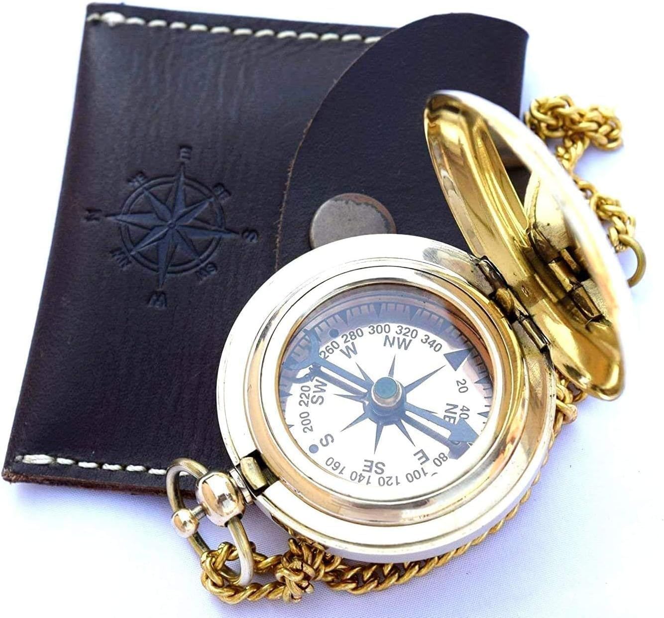 Vintage Brass Pocket Compass with Leather Case – Classic Directional Navigation Compass for Hiking, Camping, Survival, Maritime Gifts – Antique Collectible Compass for Men, Women