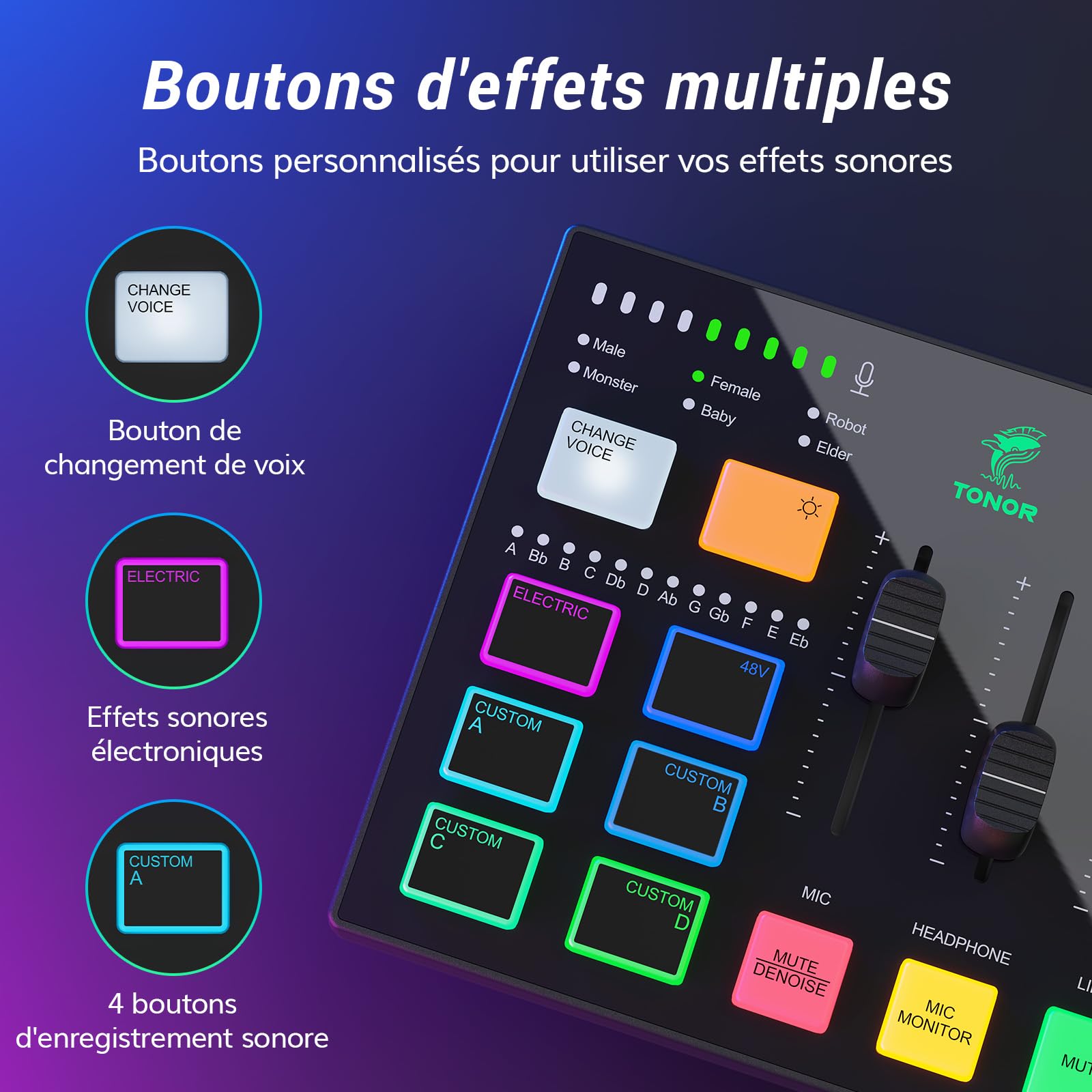 TONOR Gaming Audio Mixer, RGB Audio Interface avec Canal XLR et 6,35 mm pour Gaming, Streaming, Podcasting, Studio Création de Contenu, Commandes de Volume Indépendantes, Entrée D'instrument, TX310