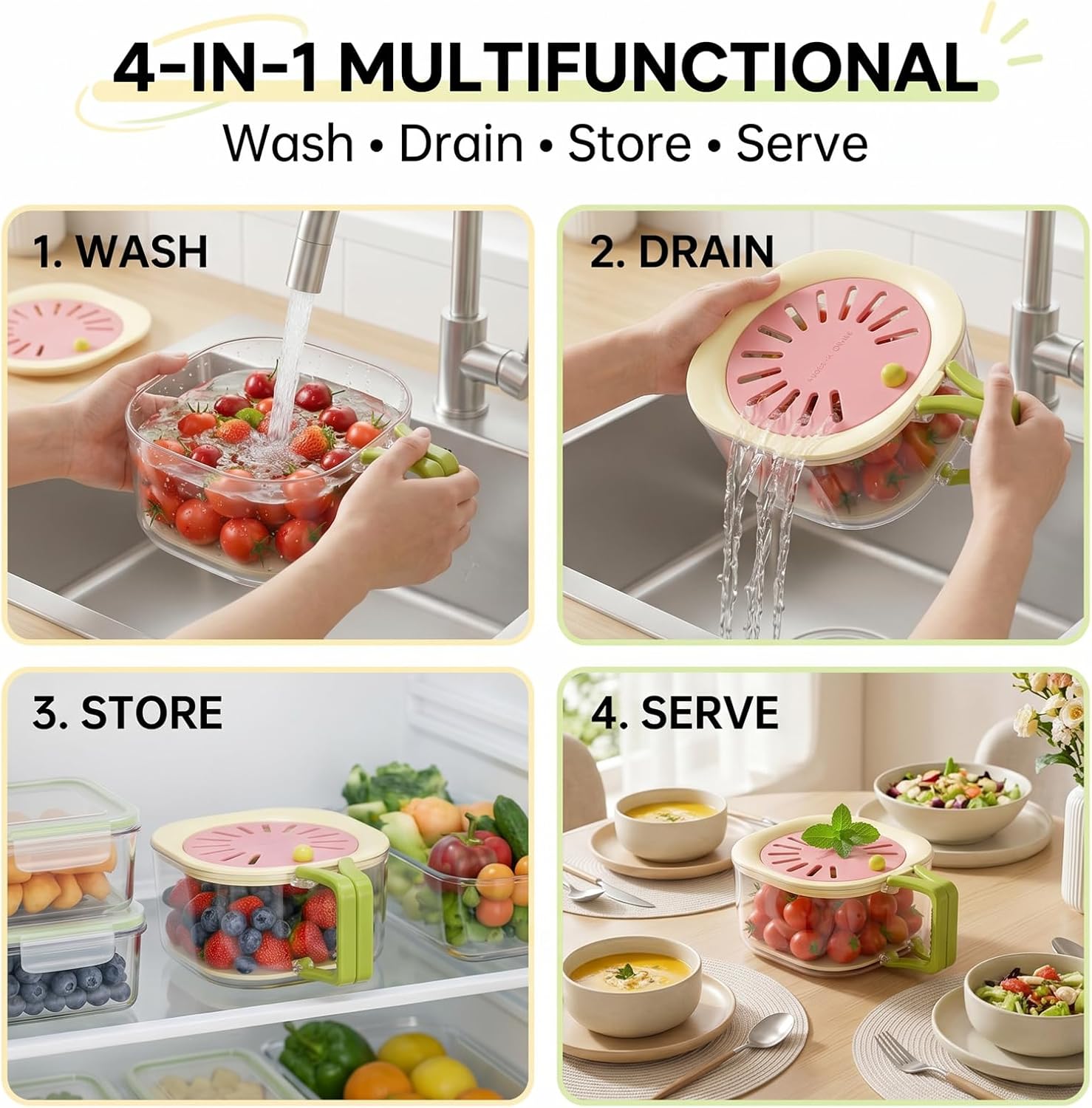 Fridge Produce Storage Container with Drain Colander & Vent Lid