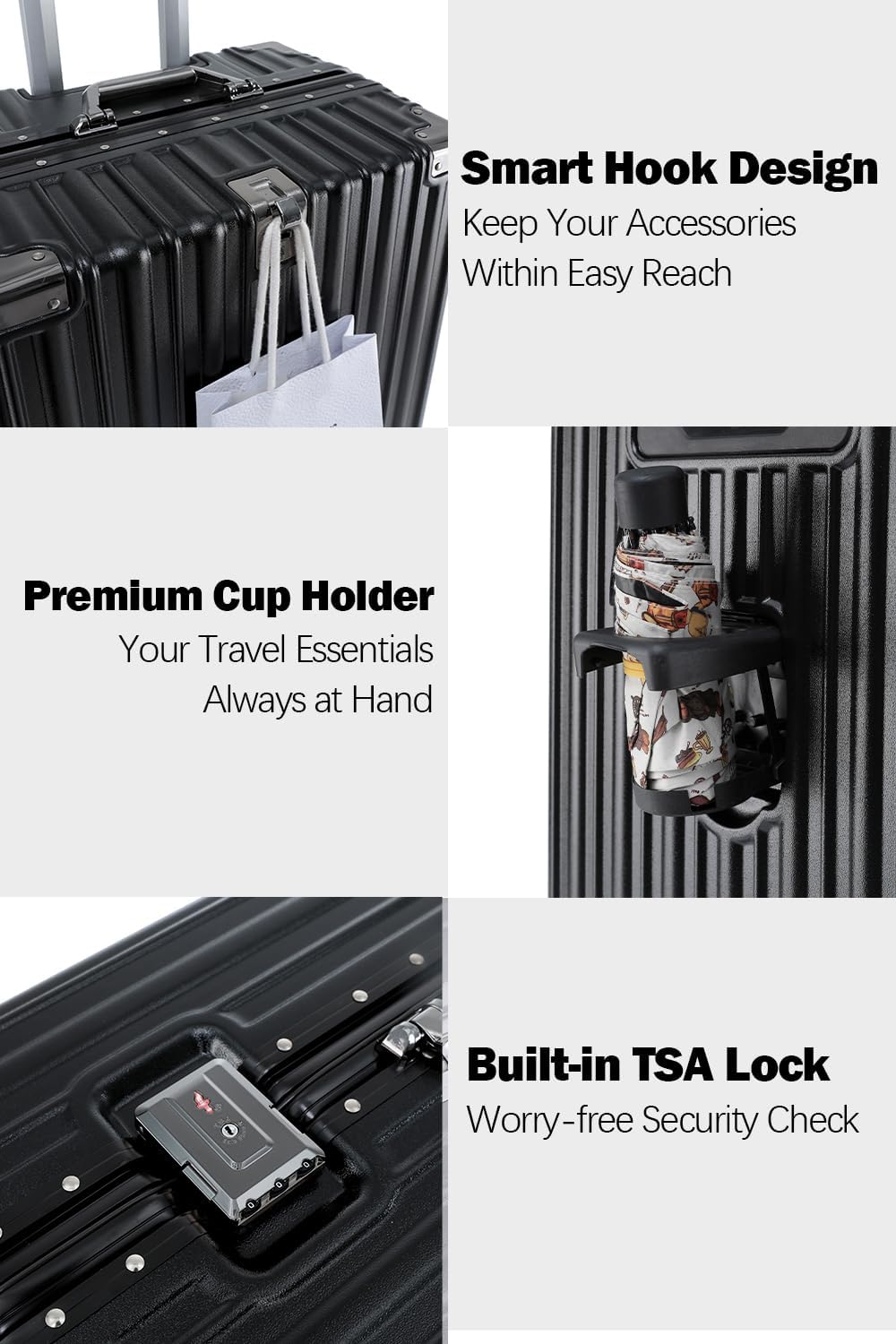 HotWay 20 Inch Aluminum Frame Carry On Luggage with Spinner Wheels, PC Hard Shell Suitcase with Cup Holder, Zipperless Luggage for Business Travel, Black