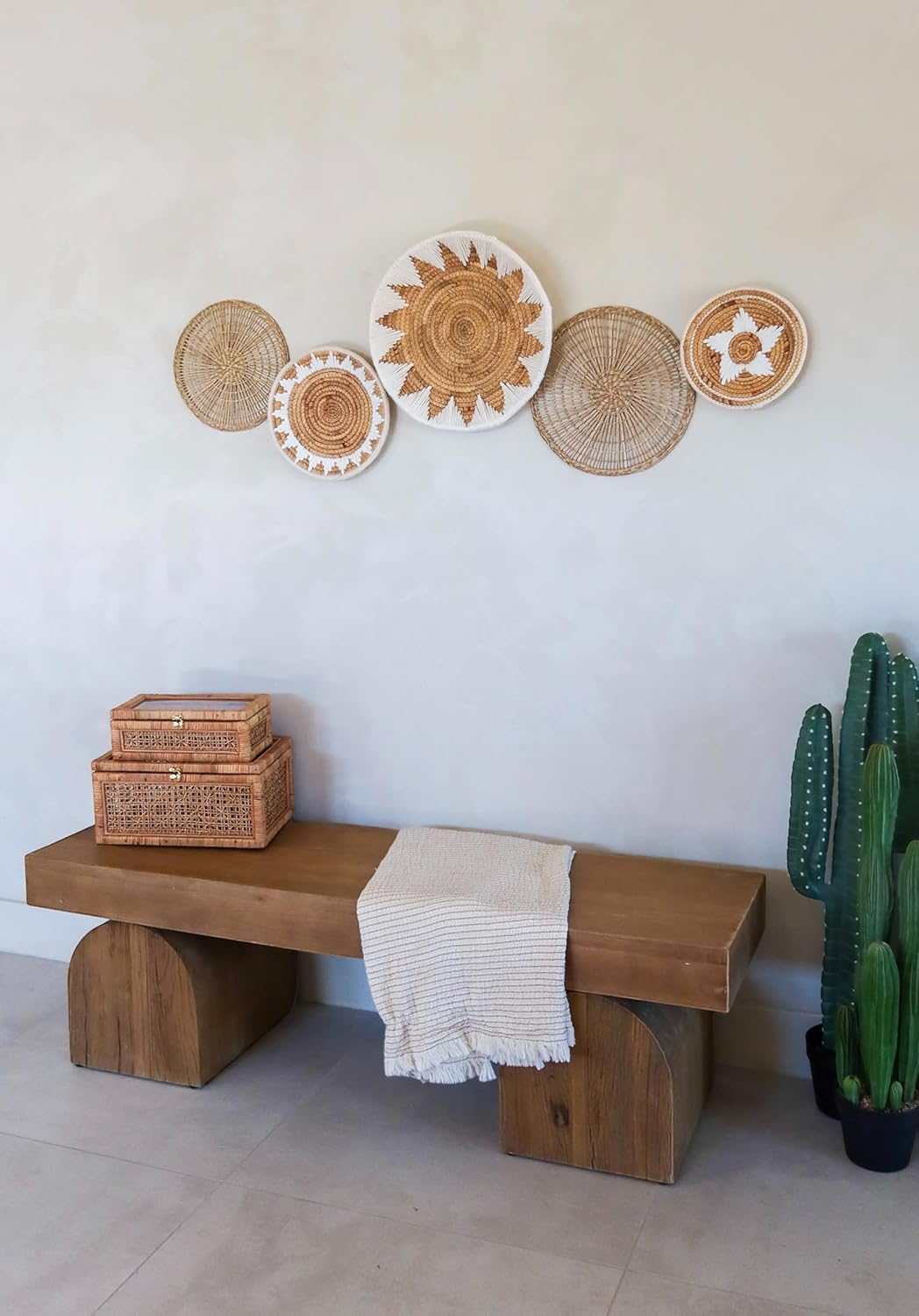 TheNamiCollection Woven Wall Basket Set - Five Hanging Seagrass Baskets | Decorative, Boho Styled Baskets Perfect For Trendy, All Natural Home Decor | Handmade, Round, Woven, Hanging Wall Basket Decor